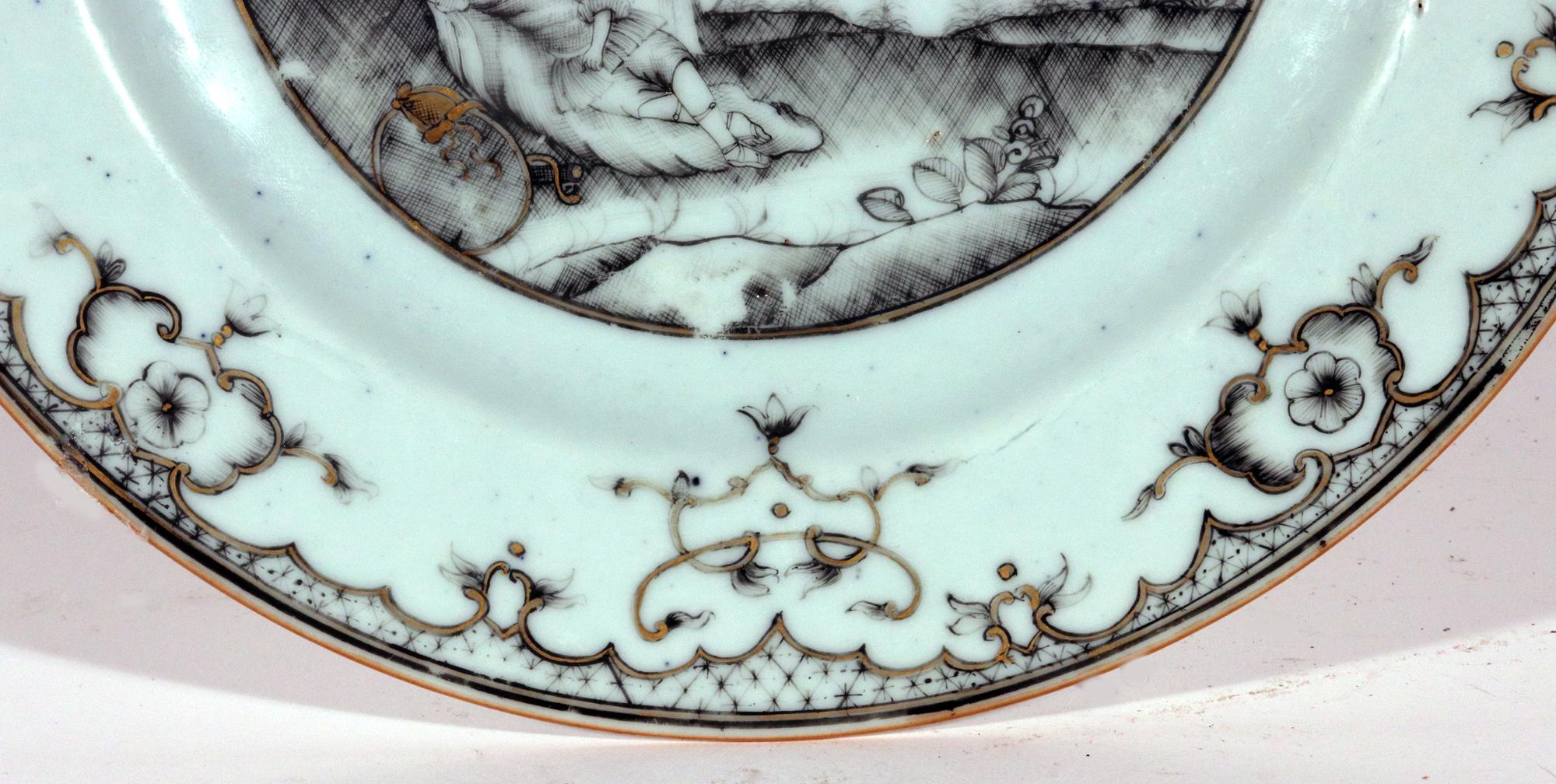 Chinese Export Porcelain En Grisaille Mythical Plate with Venus, Cupid @ Adonis In Good Condition For Sale In Downingtown, PA