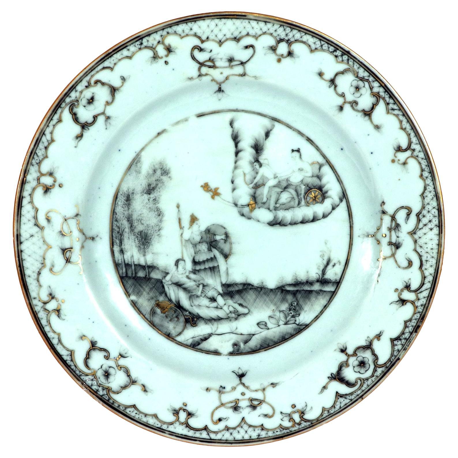 Chinese Export Porcelain En Grisaille Mythical Plate with Venus, Cupid @ Adonis For Sale