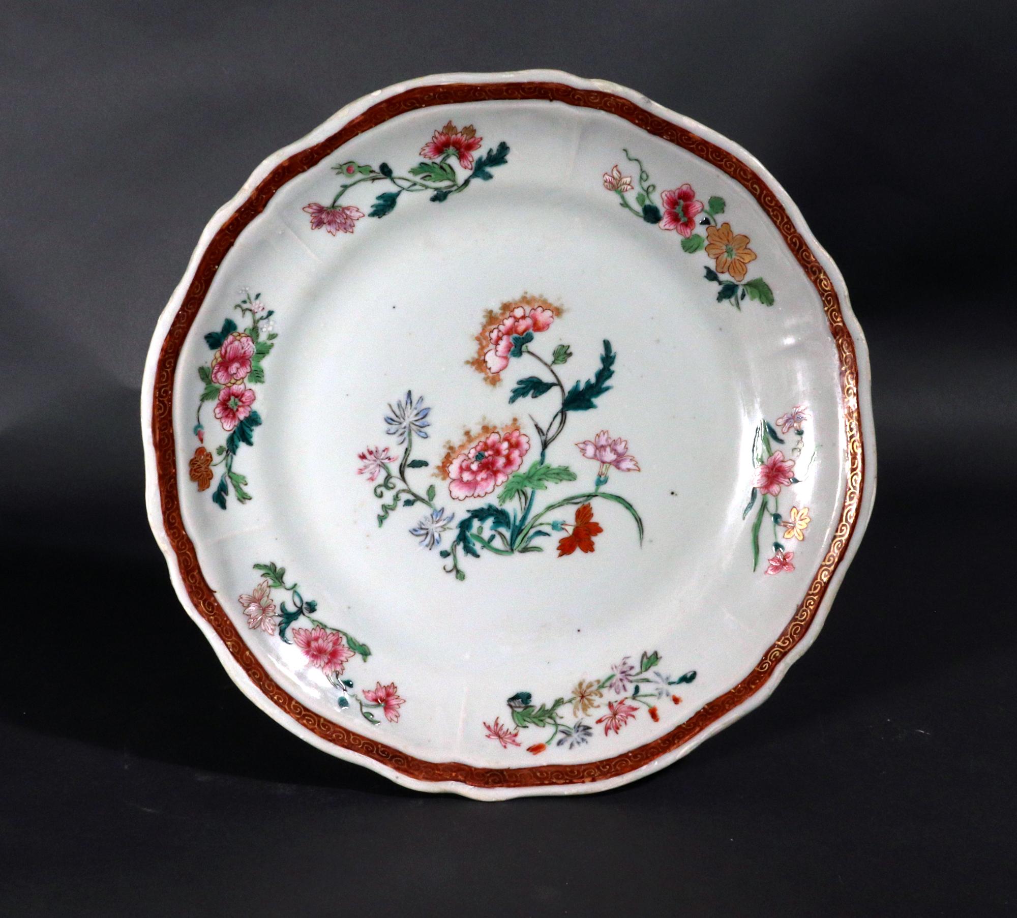 Chinese Export Porcelain Famille Rose Botanical Large Plates, Set of Six For Sale 5