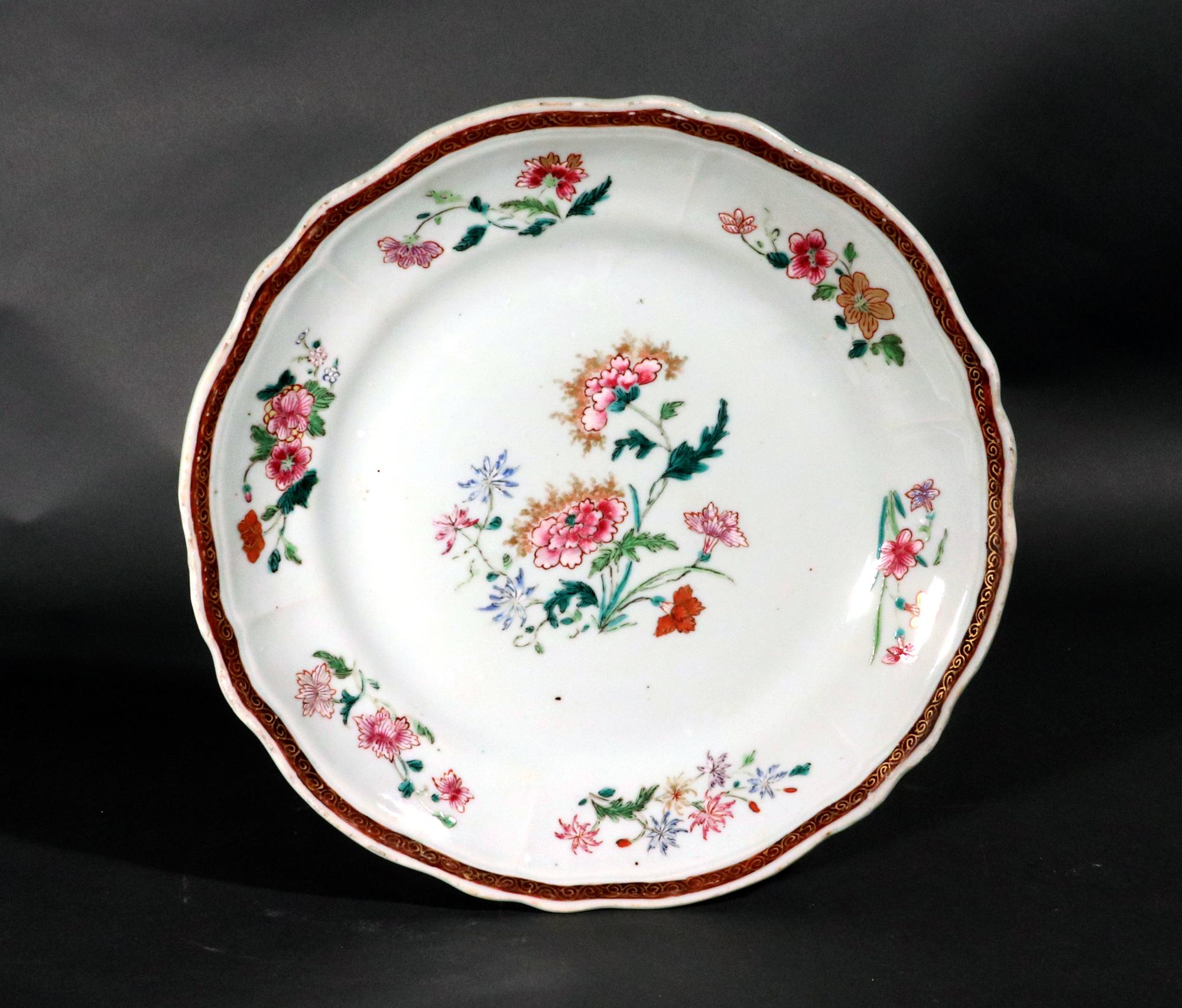 Mid-18th Century Chinese Export Porcelain Famille Rose Botanical Large Plates, Set of Six For Sale