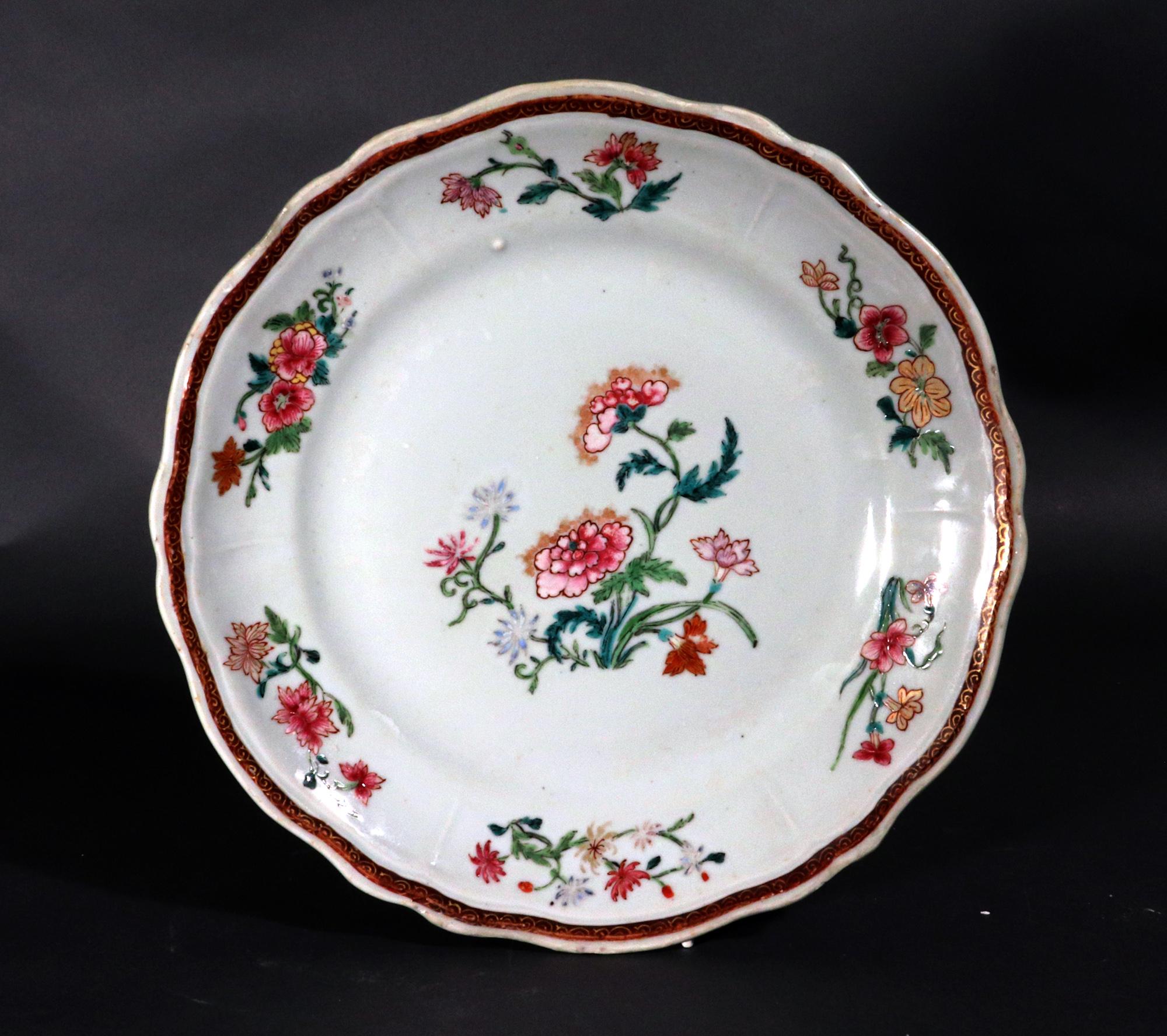 Chinese Export Porcelain Famille Rose Botanical Large Plates, Set of Six For Sale 1