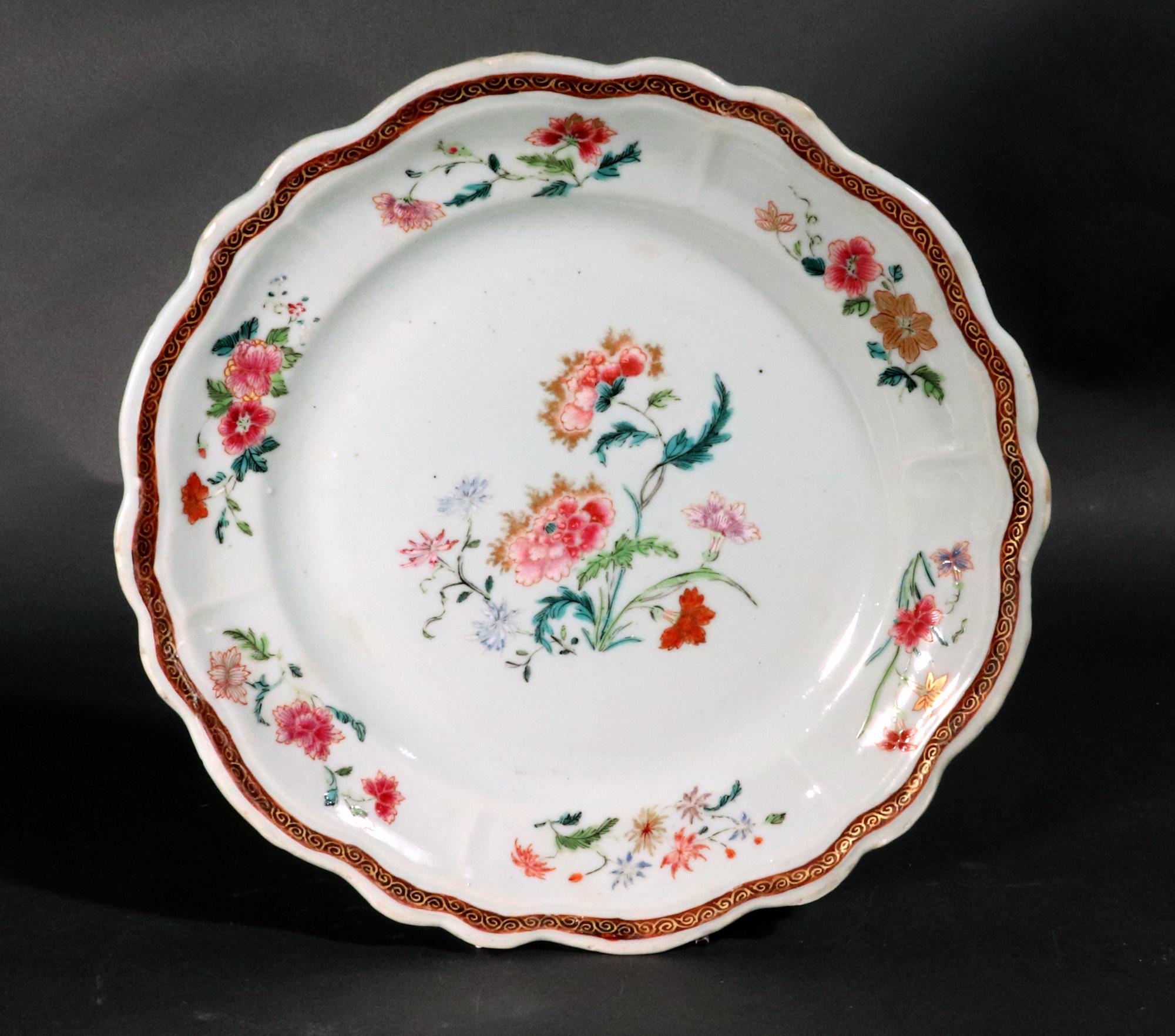 Chinese Export Porcelain Famille Rose Botanical Large Plates, Set of Six For Sale 2