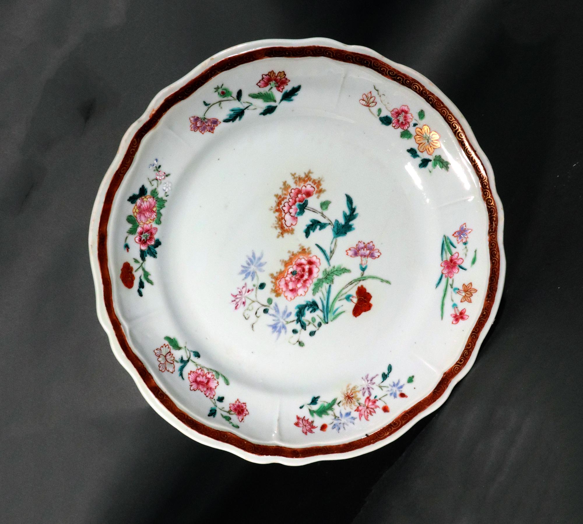 Chinese Export Porcelain Famille Rose Botanical Large Plates, Set of Six For Sale 3