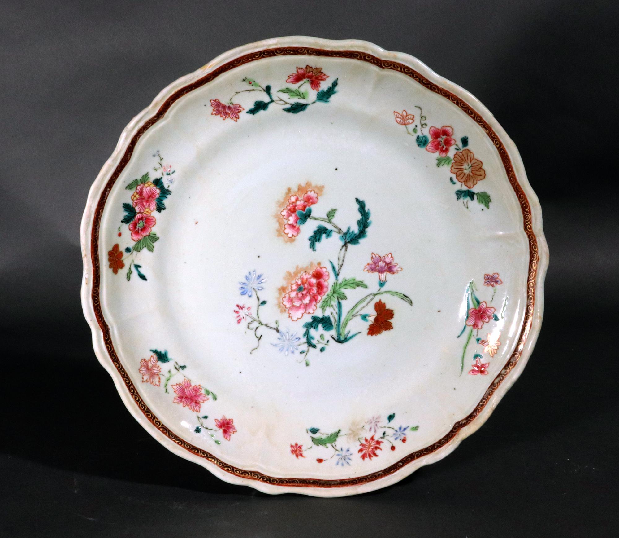 Chinese Export Porcelain Famille Rose Botanical Large Plates, Set of Six For Sale 4