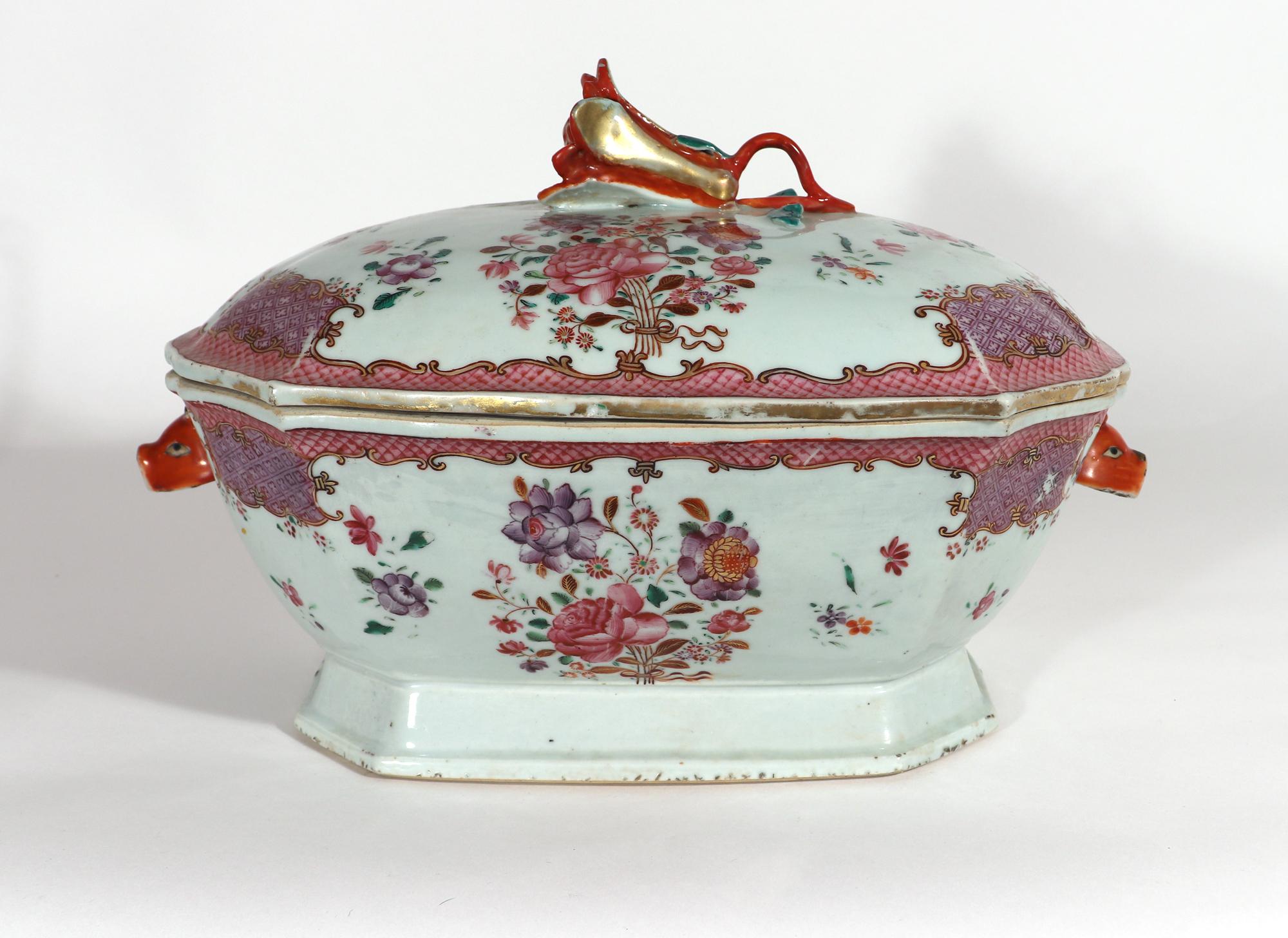 Chinese Export Porcelain European Flower Botanical Soup Tureen & Cover,
Circa 1780

The Chinese Export porcelain tureen and cover are well painted with large European bouquets of flowers in pink and purple with scattered flowers around on either