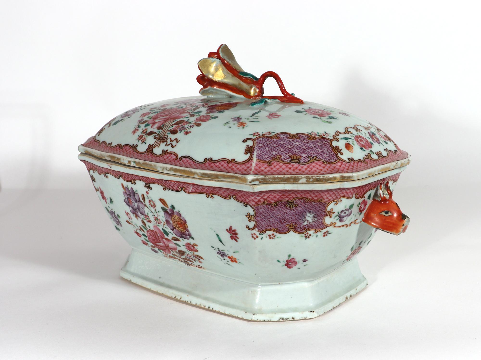 18th Century and Earlier Chinese Export Porcelain Famille Rose Botanical Soup Tureen & Cover For Sale