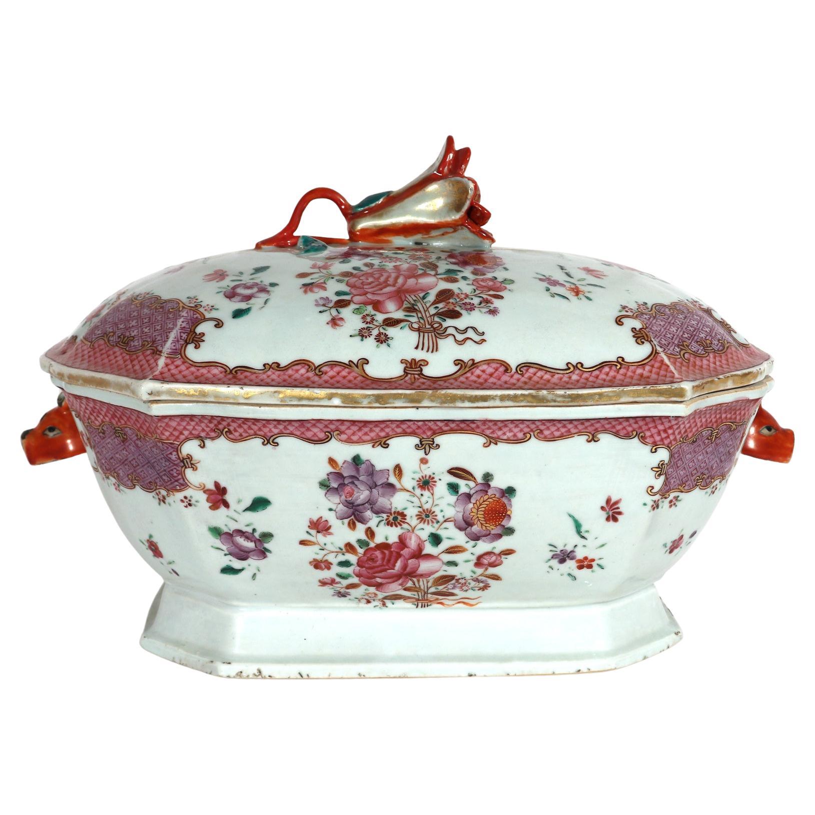 Chinese Export Porcelain Famille Rose Botanical Soup Tureen & Cover