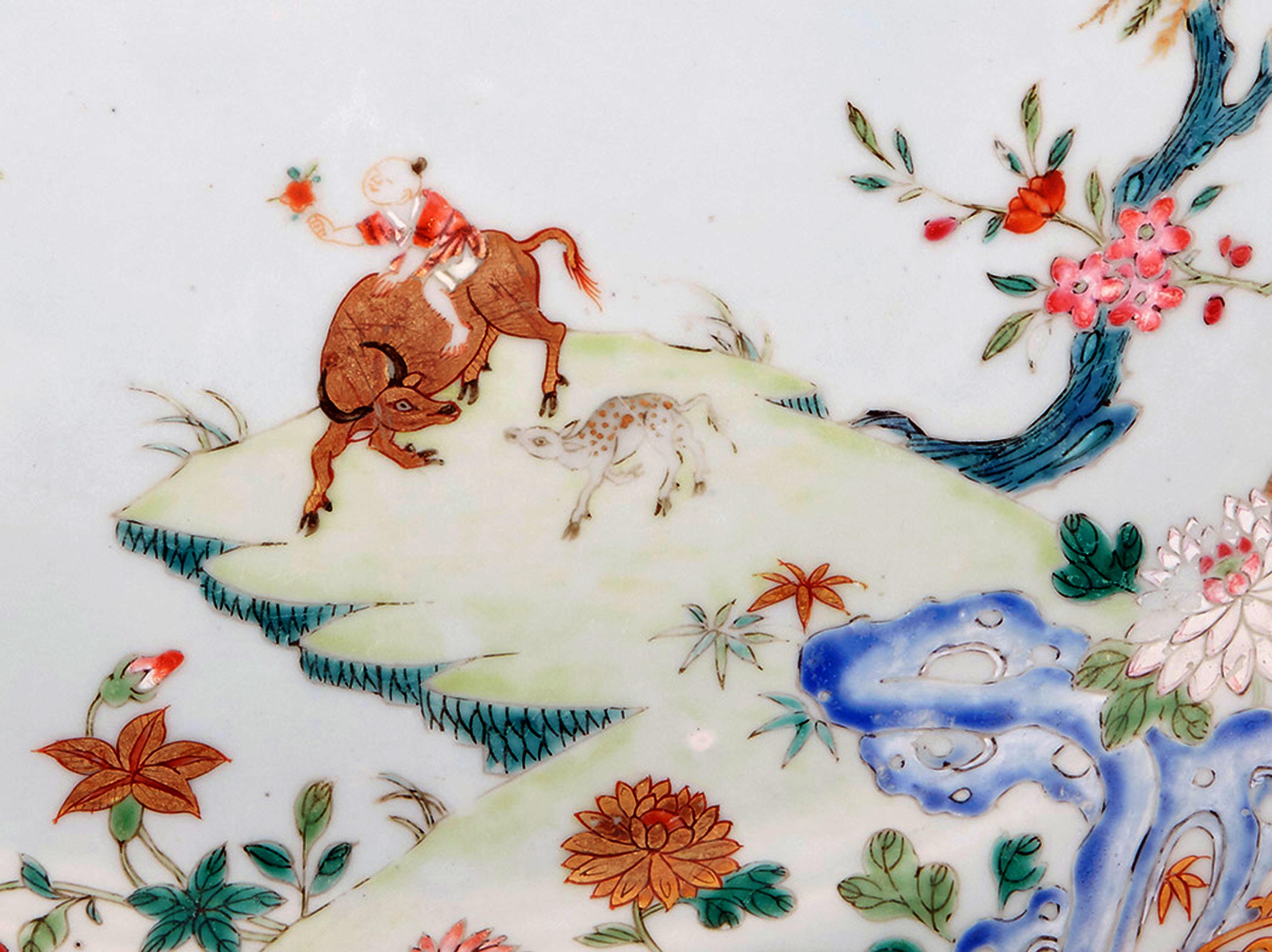 Chinese Export Porcelain Famille Rose Dish with Boy on Ox, circa 1750-1765 In Good Condition In Downingtown, PA
