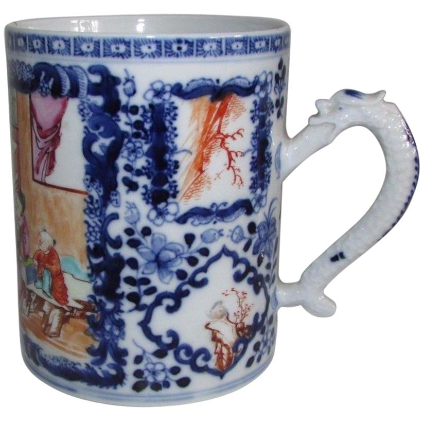 Chinese Export Porcelain Famille Rose Mandarin Blue White Tankard, 18th Century