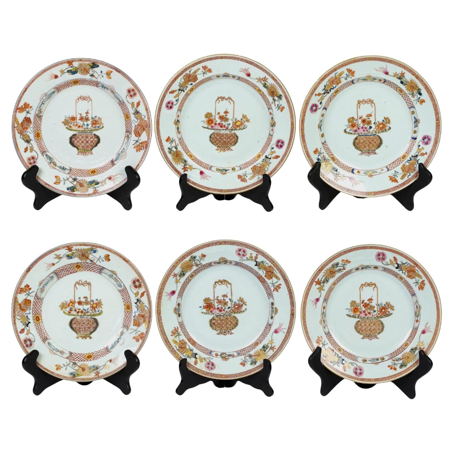 Chinese Export Porcelain Famille Rose Plates Painted with Flower Baskets