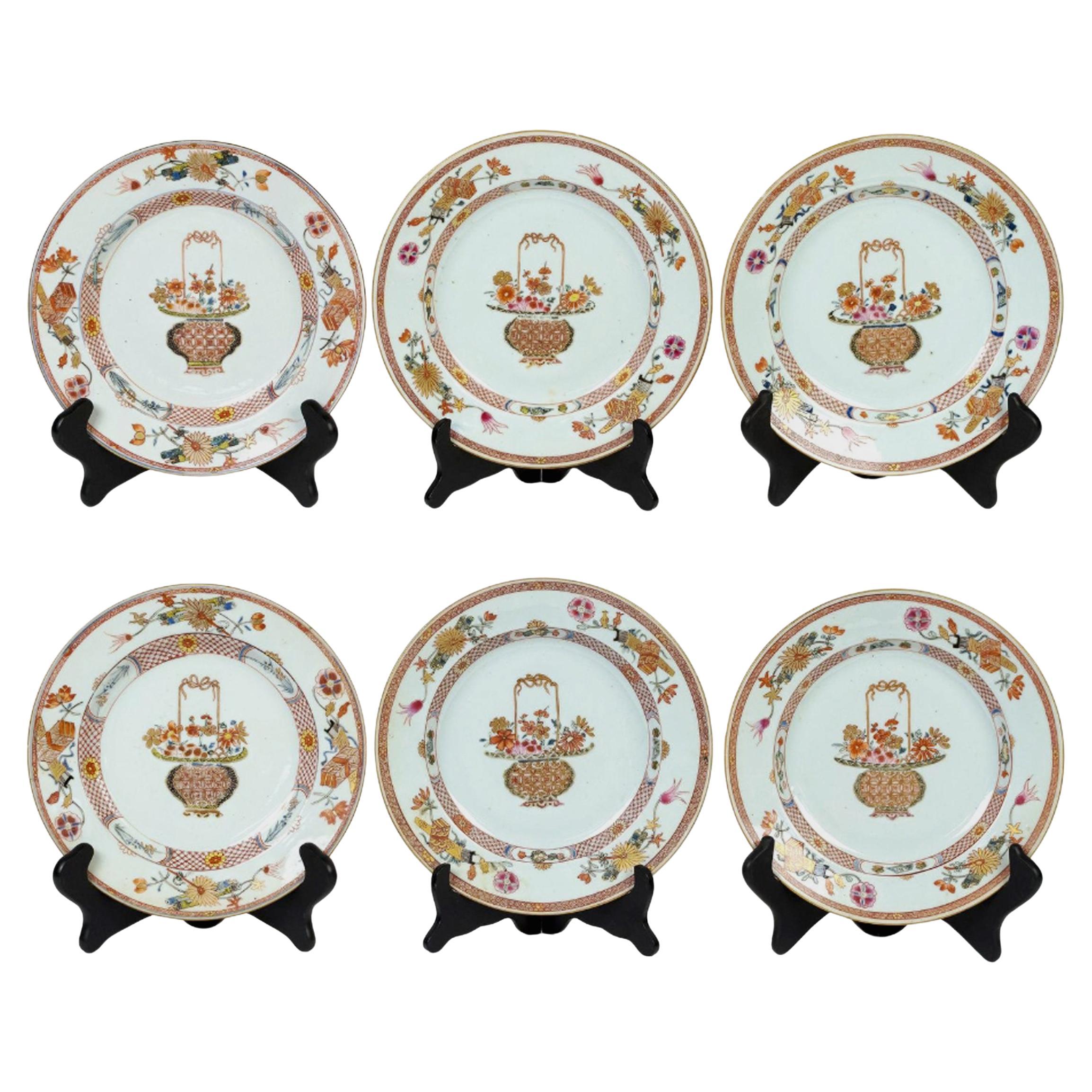 Chinese Export Porcelain Famille Rose Plates Painted with Flower Baskets