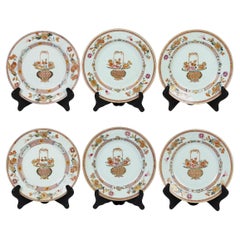 Chinese Export Porcelain Famille Rose Plates Painted with Flower Baskets