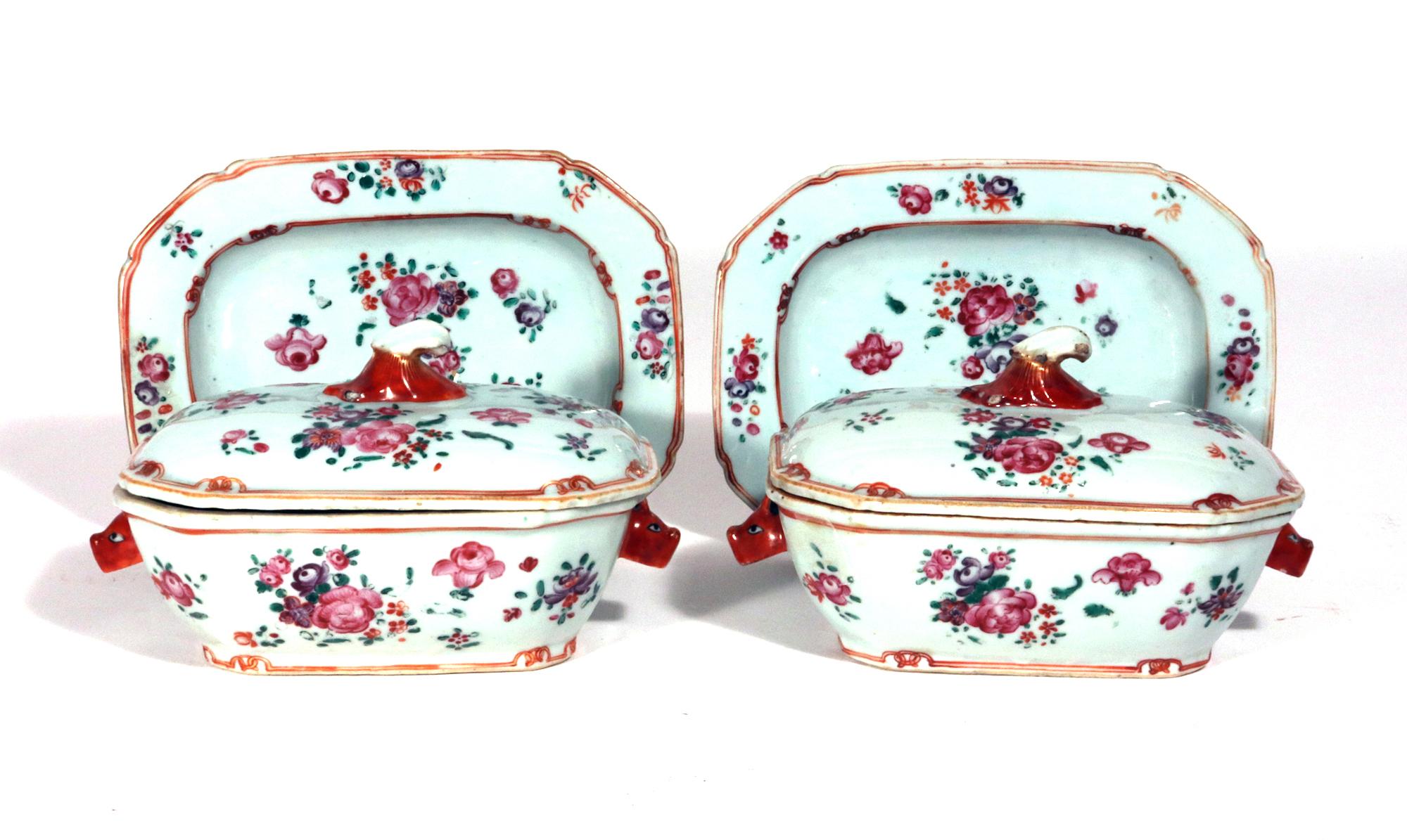 Chinese Export Porcelain Famille Rose Sauce Tureens, Covers & Stands,
A Pair,
Circa 1775

The pair of Chinese Export porcelain sauce tureens are of a shaped rectangular form and are painted with scattered European-style flowers on the body and the