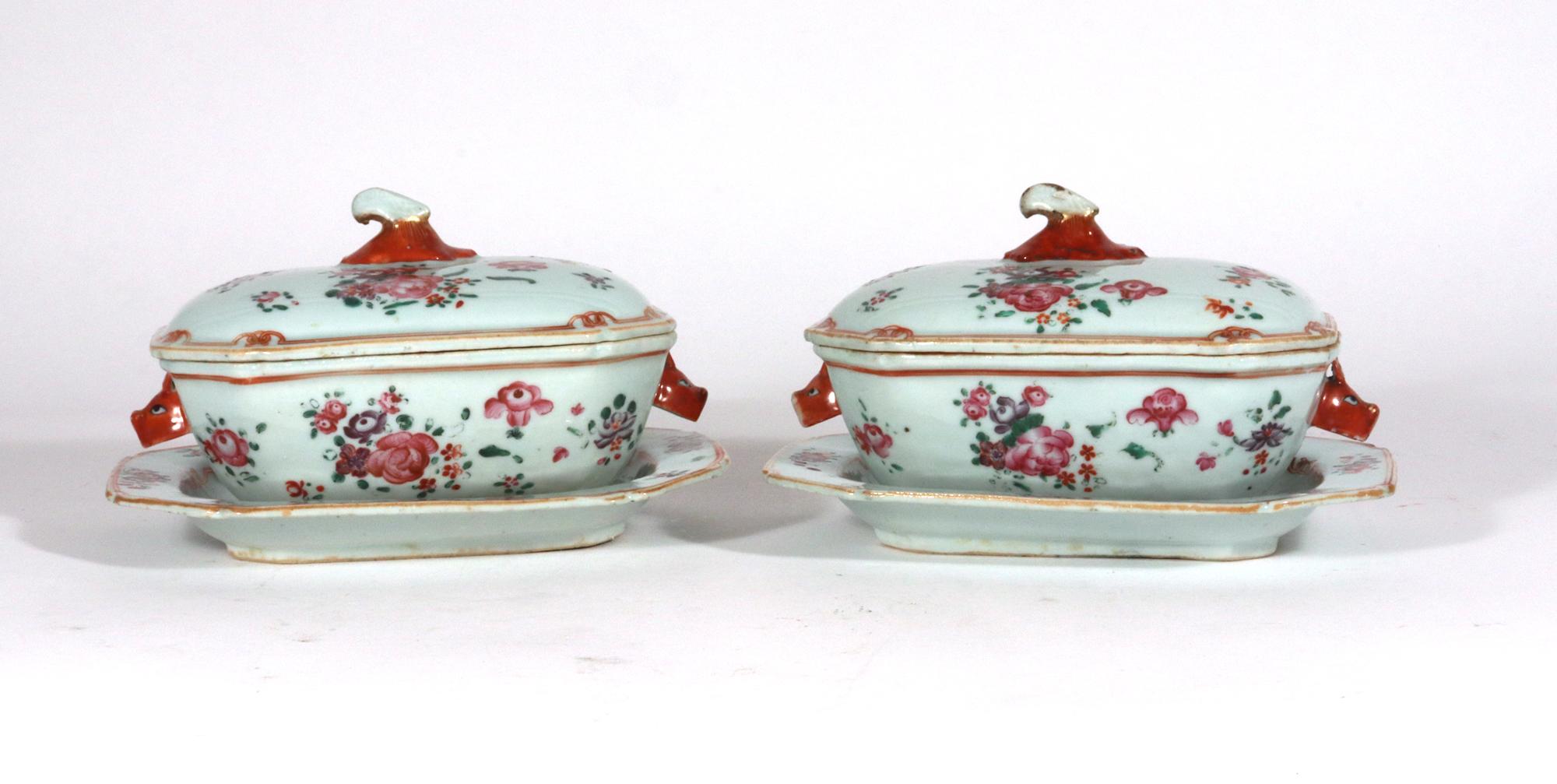 Late 18th Century Chinese Export Porcelain Famille Rose Sauce Tureens, Covers & Stands For Sale