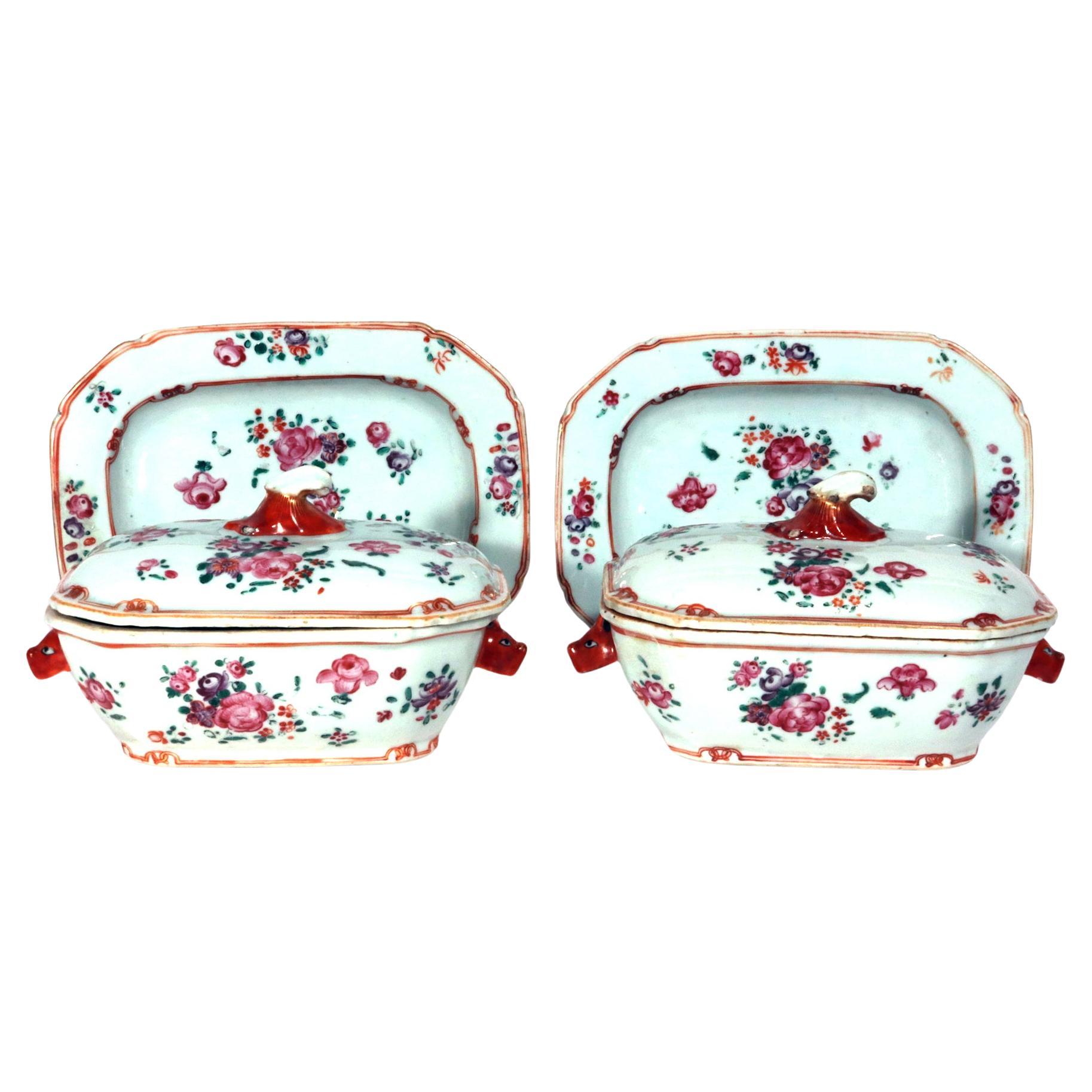Chinese Export Porcelain Famille Rose Sauce Tureens, Covers & Stands For Sale