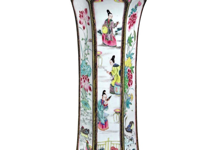 Chinese Export Porcelain Famille Rose Tall Beaker Vases For Sale 1