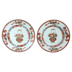 Chinese Export Porcelain Famille Rose-Verte Plates Painted with A Flower Basket