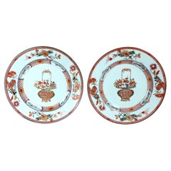 Chinese Export Porcelain Famille Rose-Verte Plates Painted with A Flower Basket