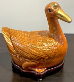 Chinese Export Porcelain Figural Iron Red and Gilt Duck Tureen & Stand