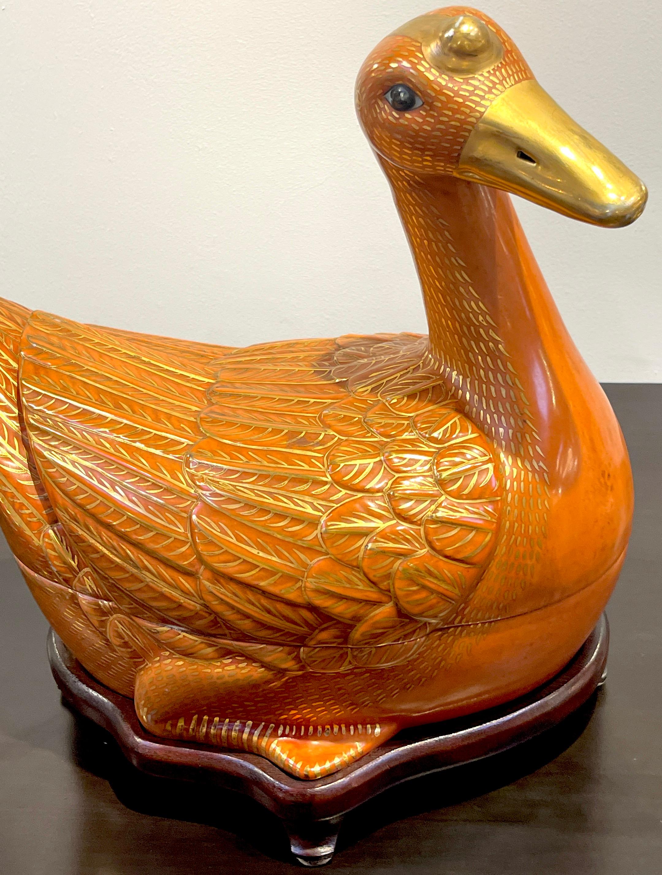 Carved Chinese Export Porcelain Figural Iron Red and Gilt Duck Tureen & Stand