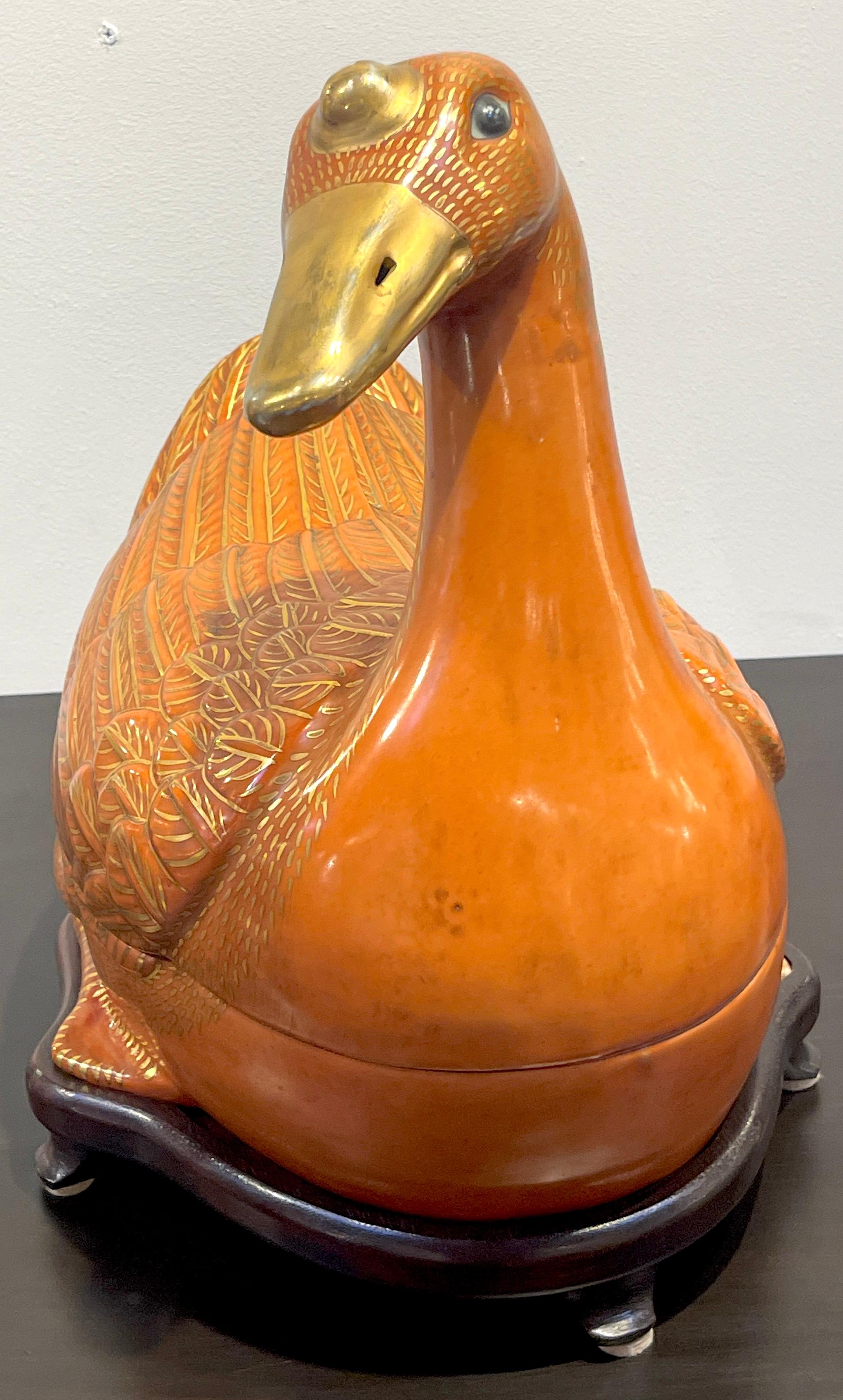 Chinese Export Porcelain Figural Iron Red and Gilt Duck Tureen & Stand In Good Condition In West Palm Beach, FL