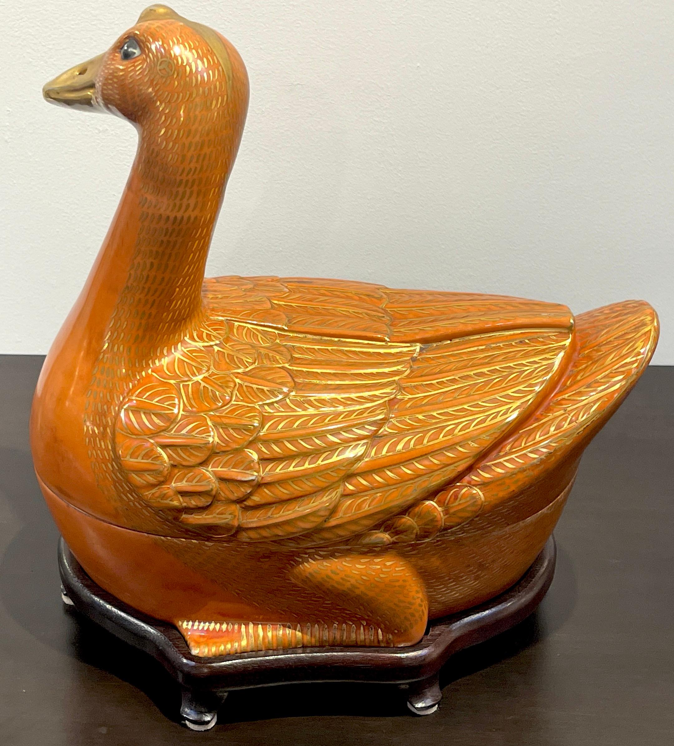20th Century Chinese Export Porcelain Figural Iron Red and Gilt Duck Tureen & Stand