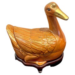Chinese Export Porcelain Figural Iron Red and Gilt Duck Tureen & Stand