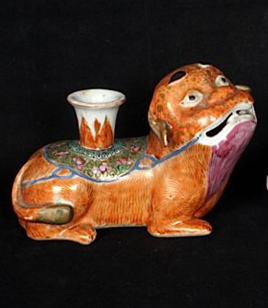 19th Century Chinese Export Porcelain Foo Dog Candlestick For Sale