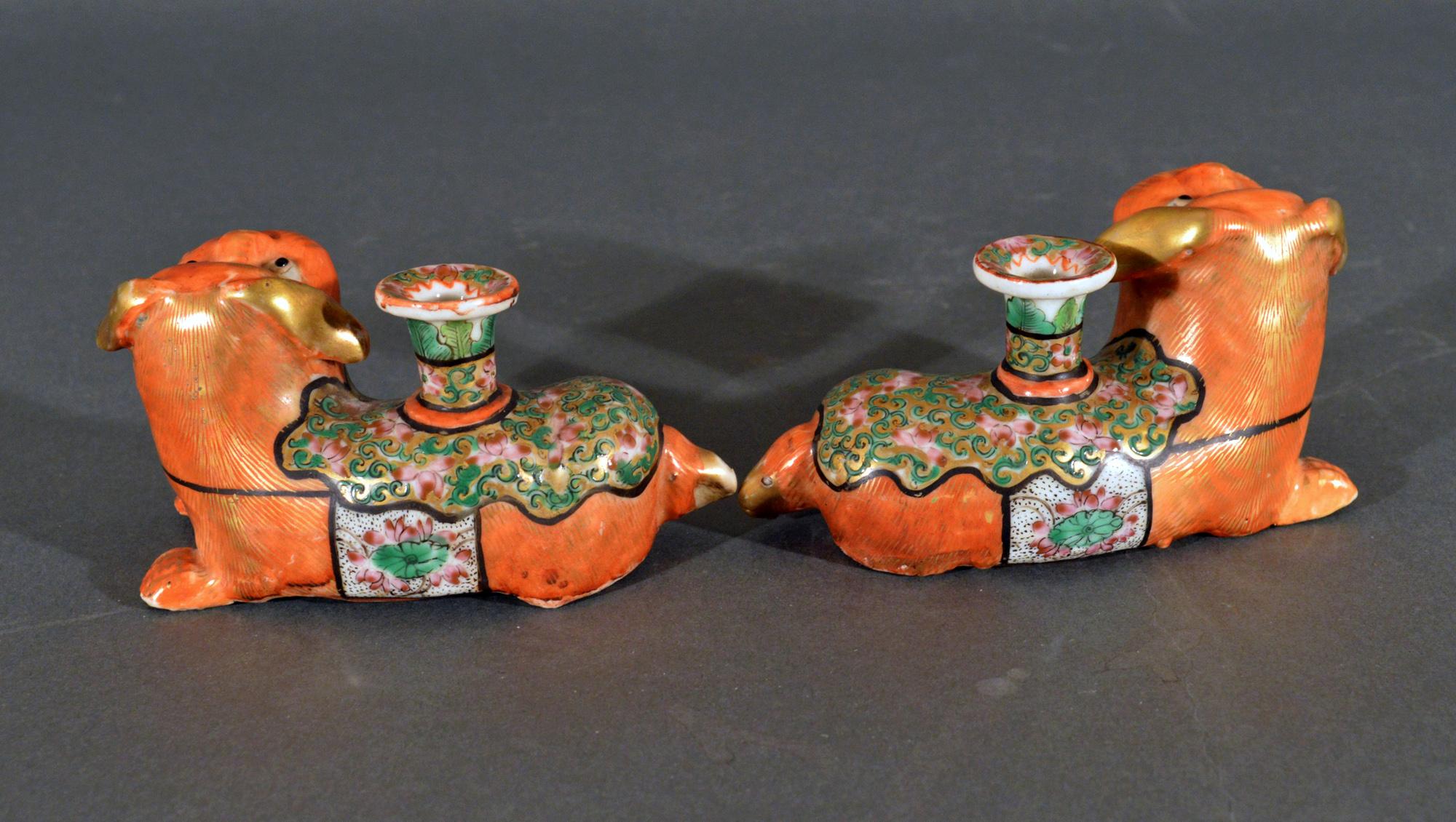 19th Century Chinese Export Porcelain Foo Dog Candlesticks For Sale