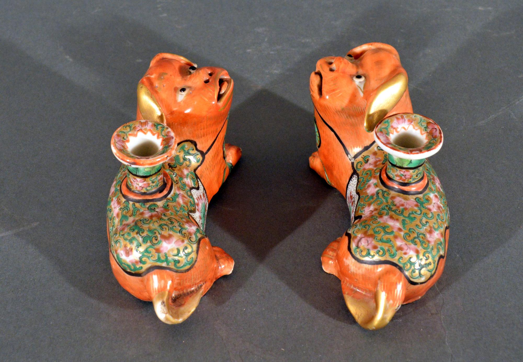 Chinese Export Porcelain Foo Dog Candlesticks For Sale 1