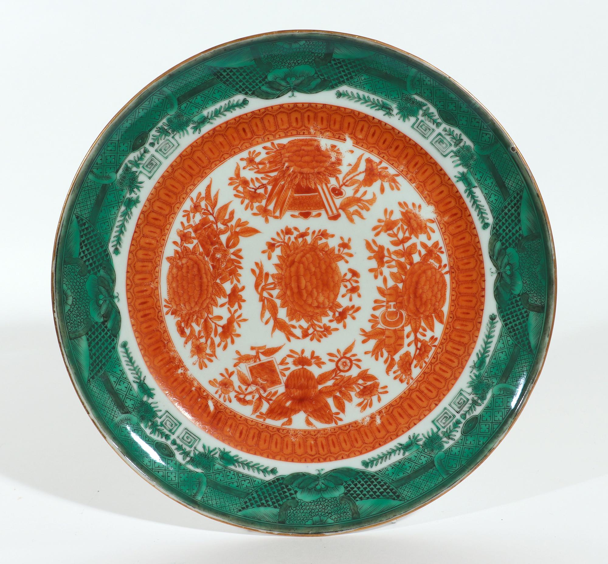 Chinese Export Porcelain Green & Orange Fitzhugh Plates-Set of Six '6' In Good Condition In Downingtown, PA