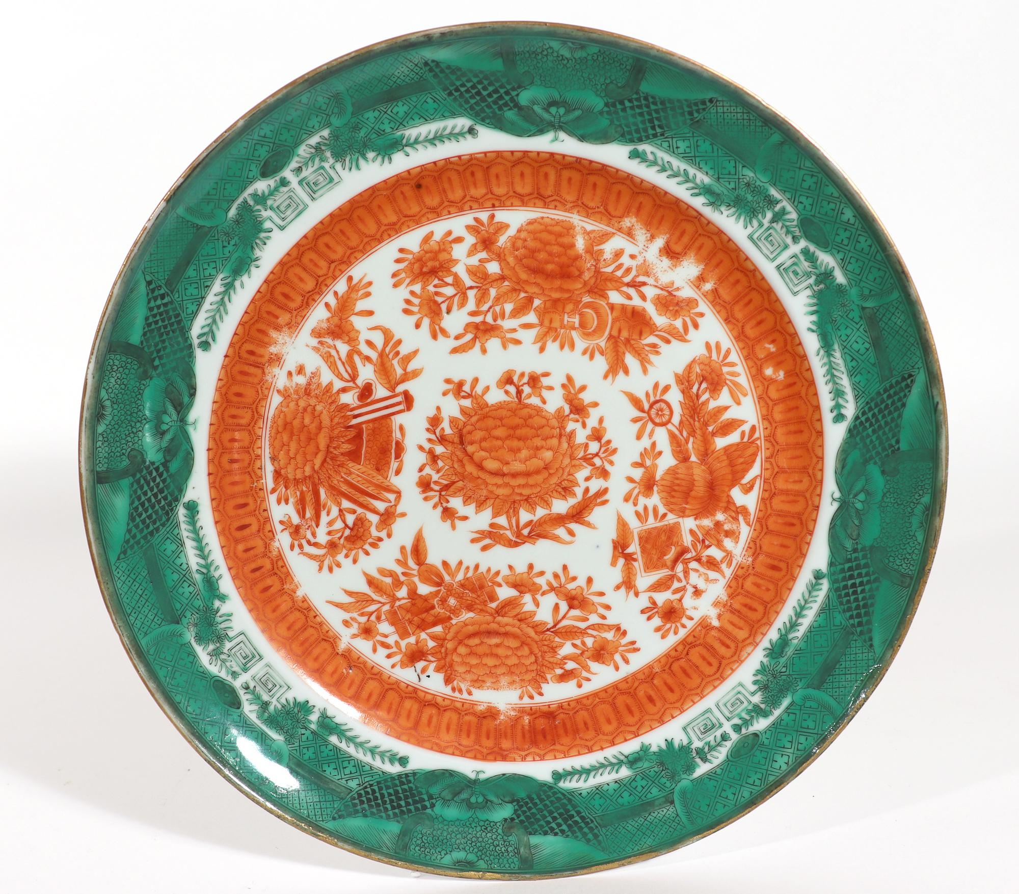 Chinese Export Porcelain Green & Orange Fitzhugh Plates-Set of Six '6' 3