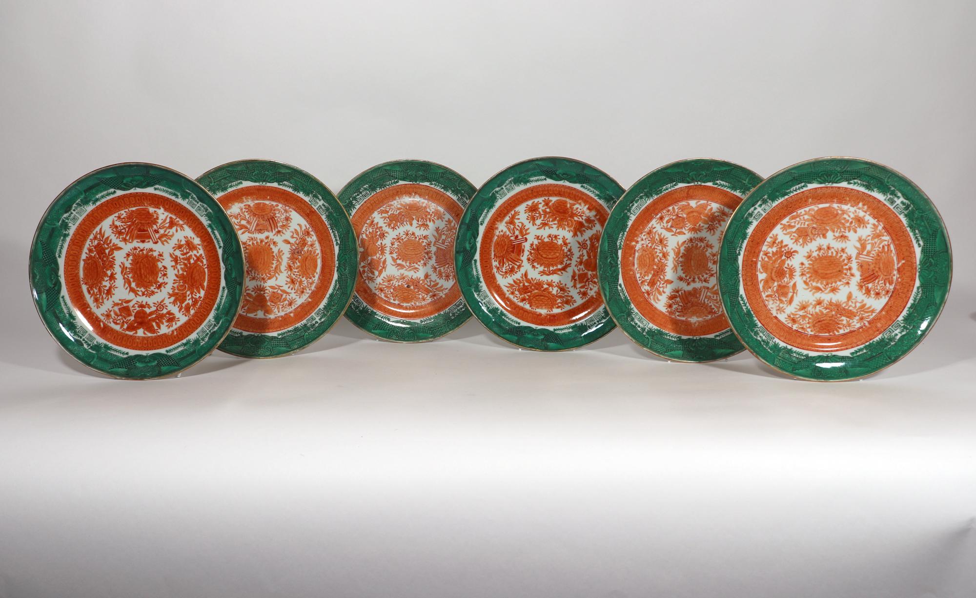 Chinese Export Porcelain Green & Orange Fitzhugh Plates-Set of Six '6' 5