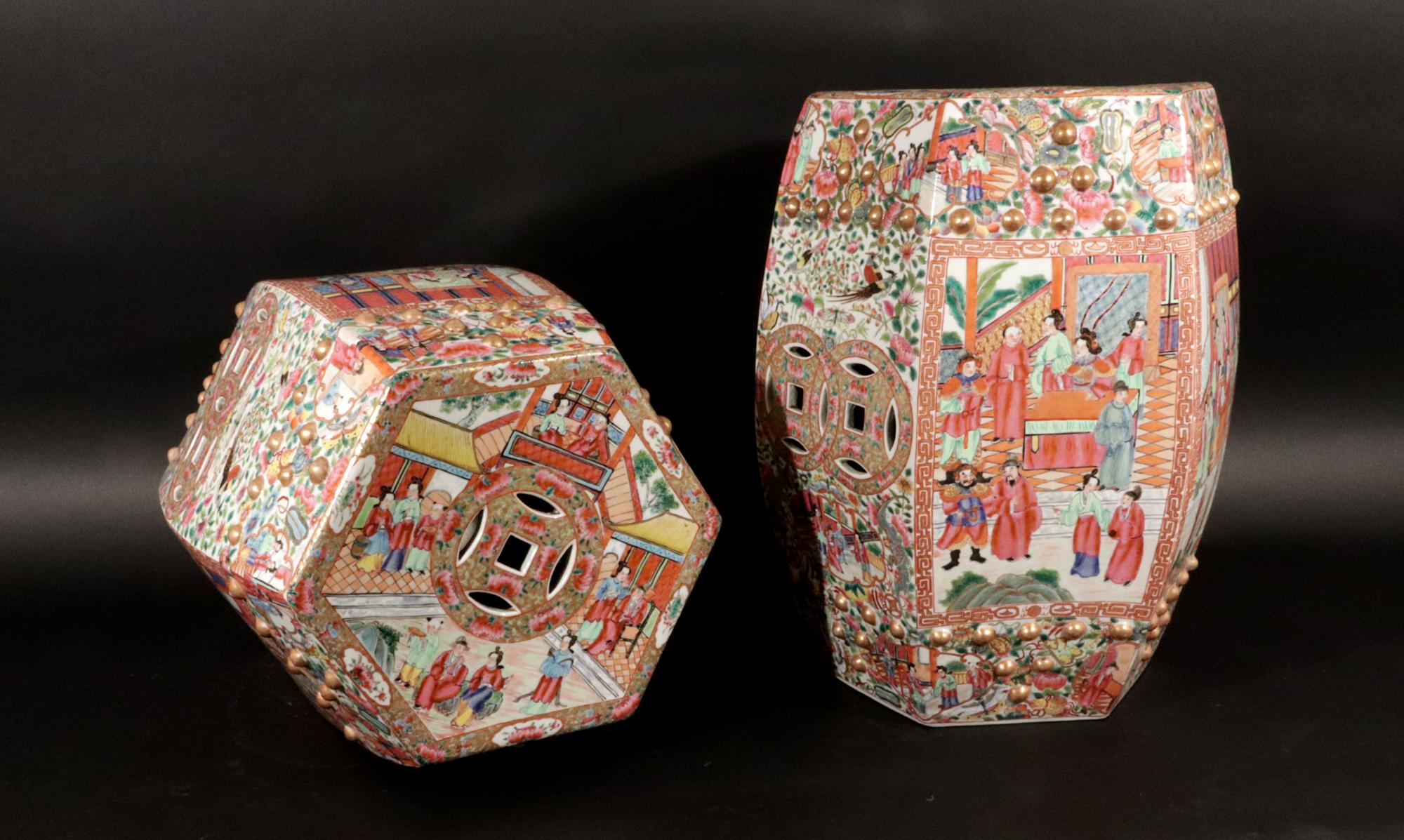 Chinese Export Porcelain Hexagonal Garden Seats, A Pair For Sale 6
