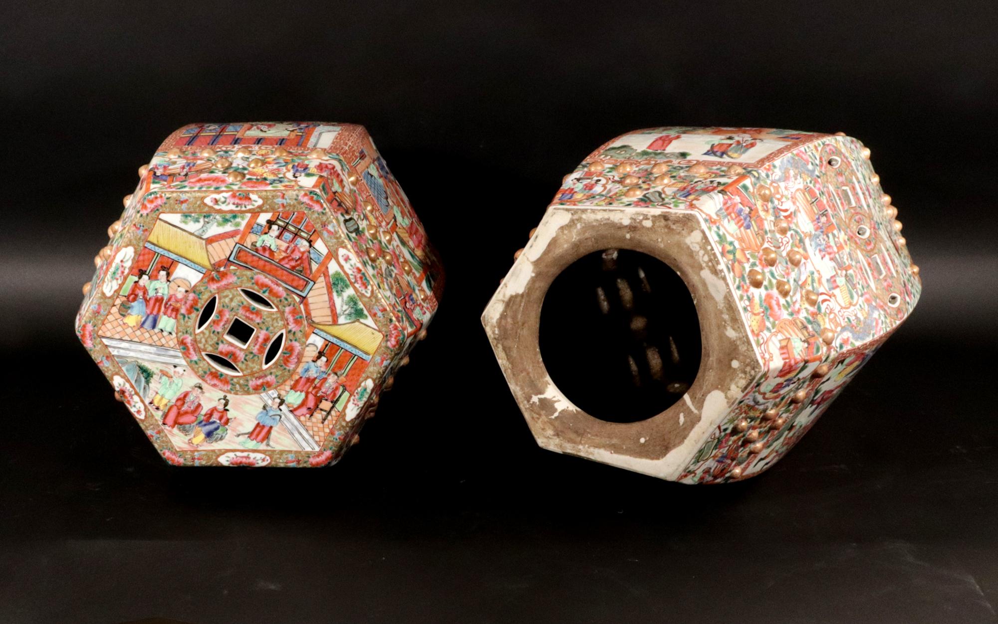 Chinese Export Porcelain Hexagonal Garden Seats, A Pair For Sale 9