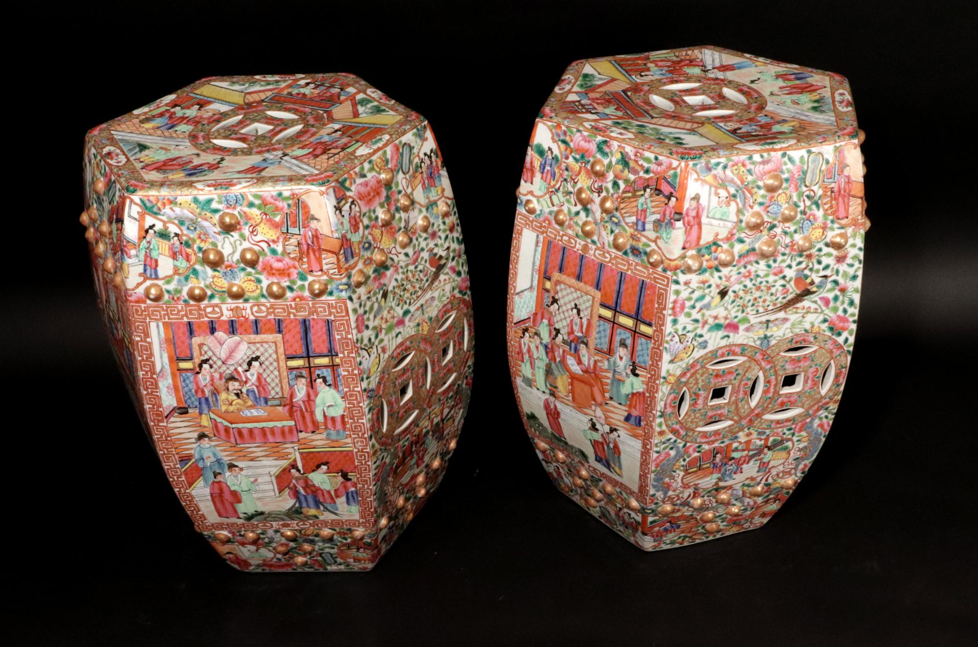 Chinese Export Porcelain Hexagonal Garden Seats,
A Pair,
Circa 1850-60

The Chinese Export porcelain Rose Medallion Garden Seats are of a hexagonal barrel form with gilded studs representing the nail heads on a real barrel.  There is a “Double