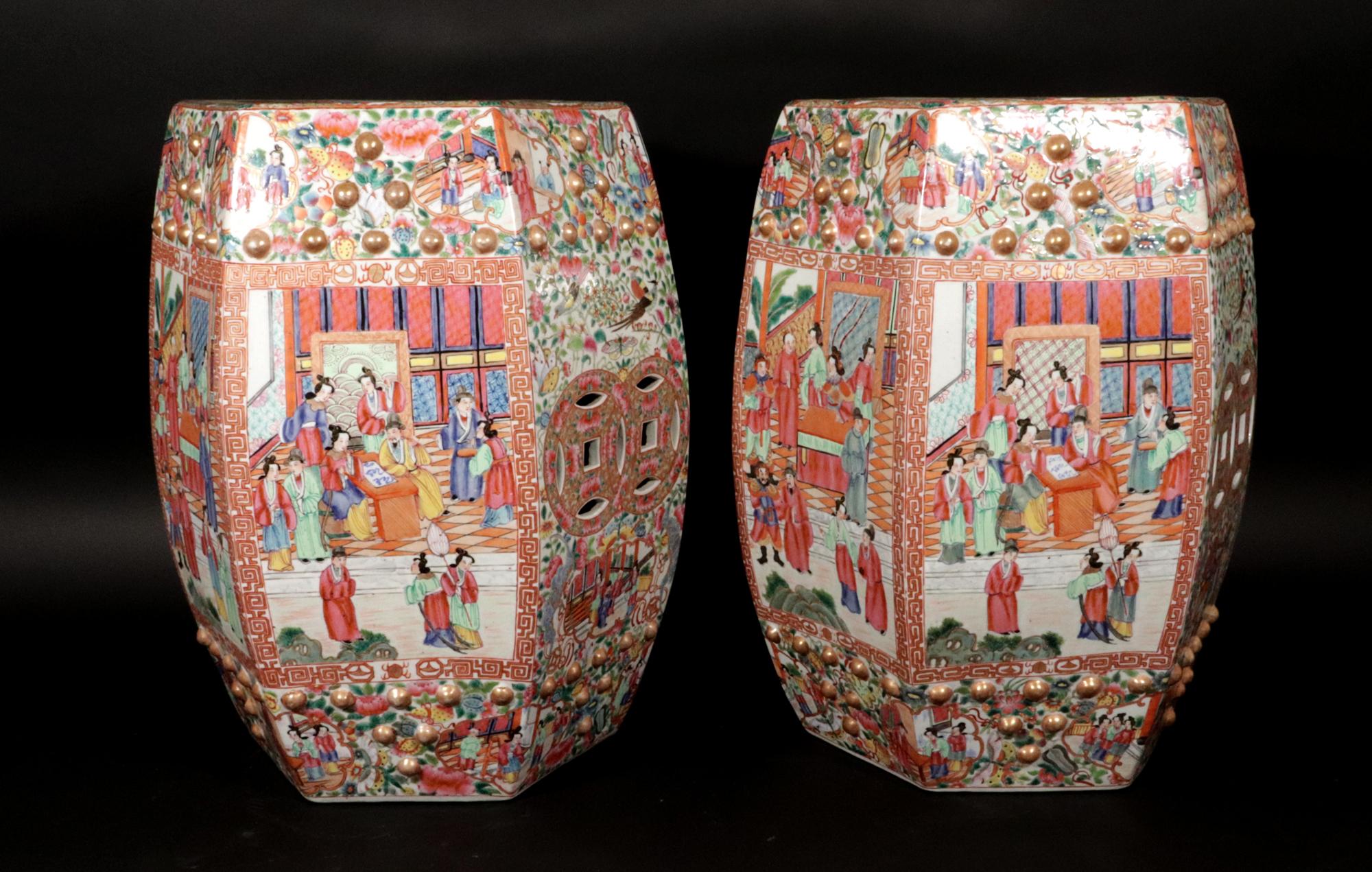 19th Century Chinese Export Porcelain Hexagonal Garden Seats, A Pair For Sale
