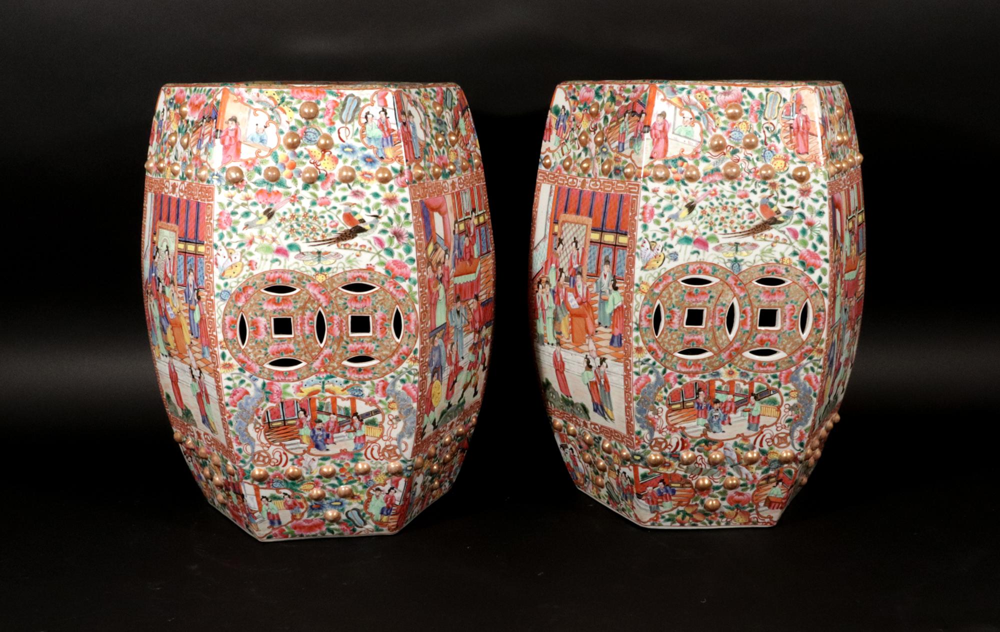 Chinese Export Porcelain Hexagonal Garden Seats, A Pair For Sale 1