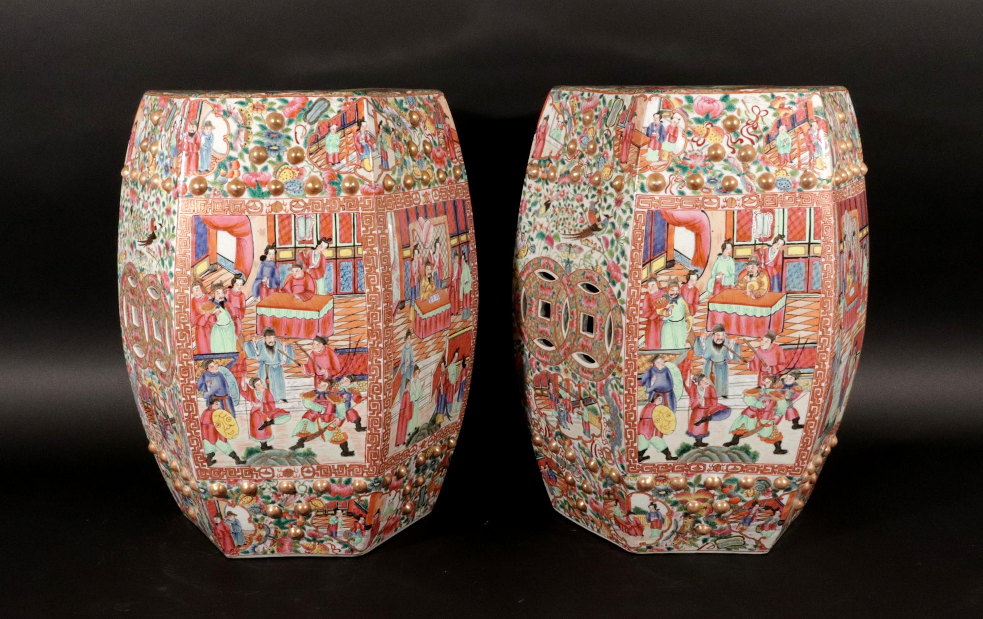Chinese Export Porcelain Hexagonal Garden Seats, A Pair For Sale 2
