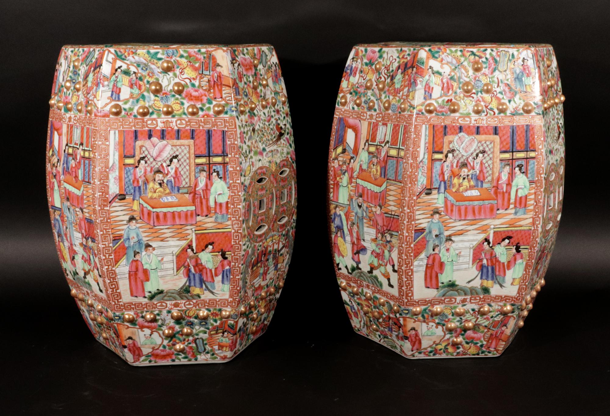 Chinese Export Porcelain Hexagonal Garden Seats, A Pair For Sale 3