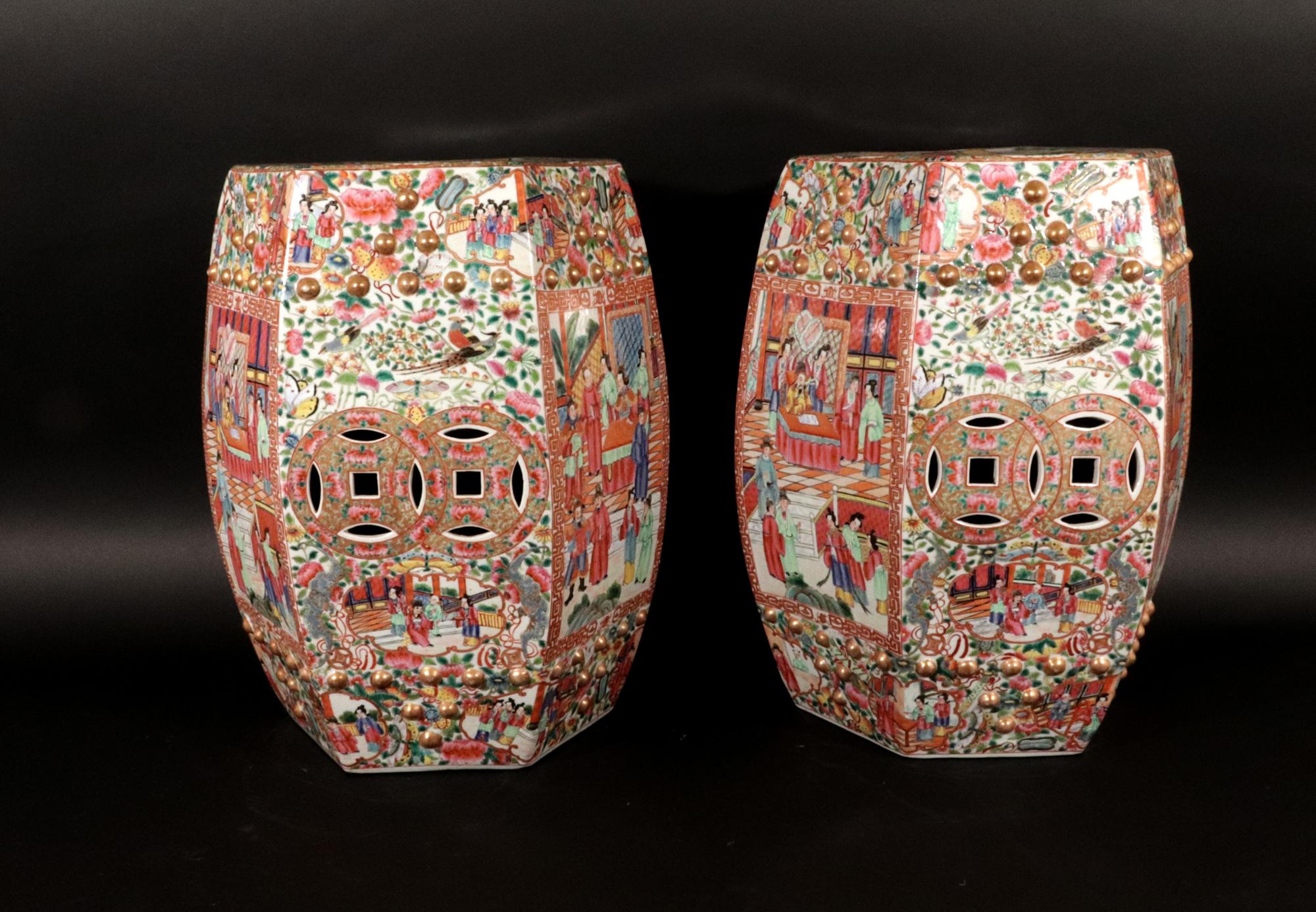 Chinese Export Porcelain Hexagonal Garden Seats, A Pair For Sale 4