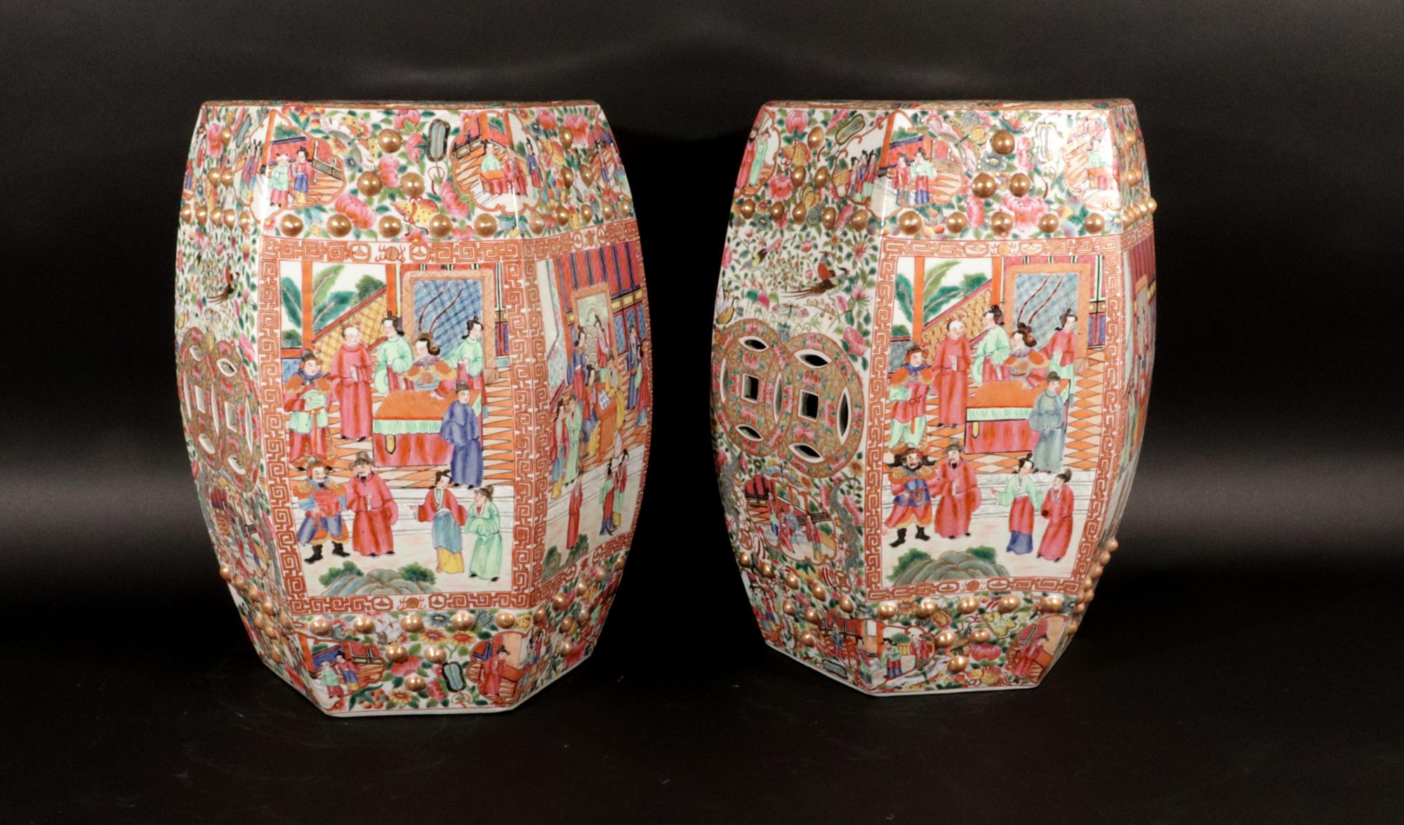 Chinese Export Porcelain Hexagonal Garden Seats, A Pair For Sale 5