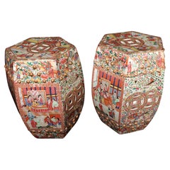Chinese Export Porcelain Hexagonal Garden Seats, A Pair