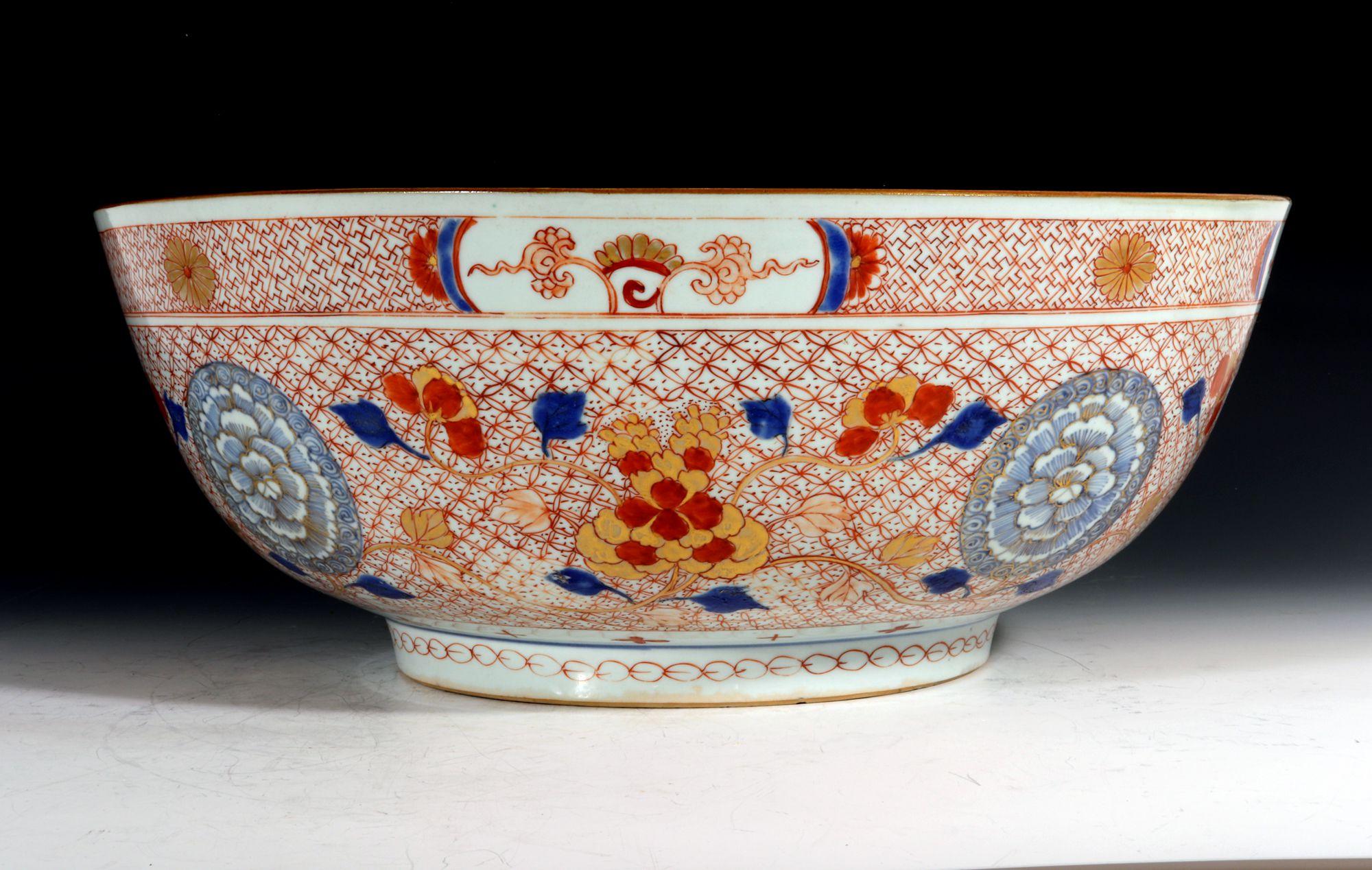 18th Century Chinese Export Porcelain Imari & Rouge de Fer Large Punch Bowl For Sale