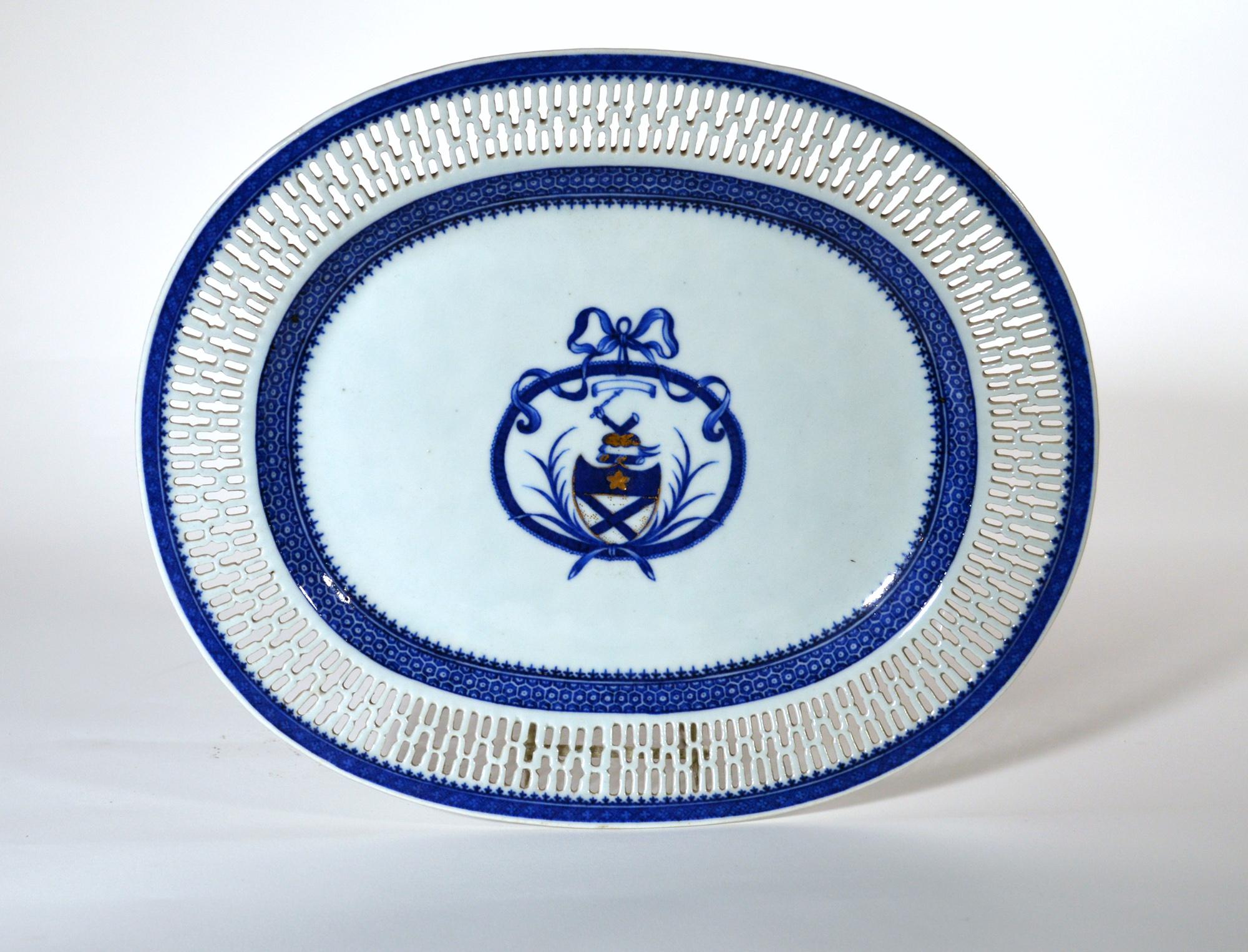18th Century Chinese Export Porcelain Large Armorial Blue & White Openwork Dishes, Bruce Arms
