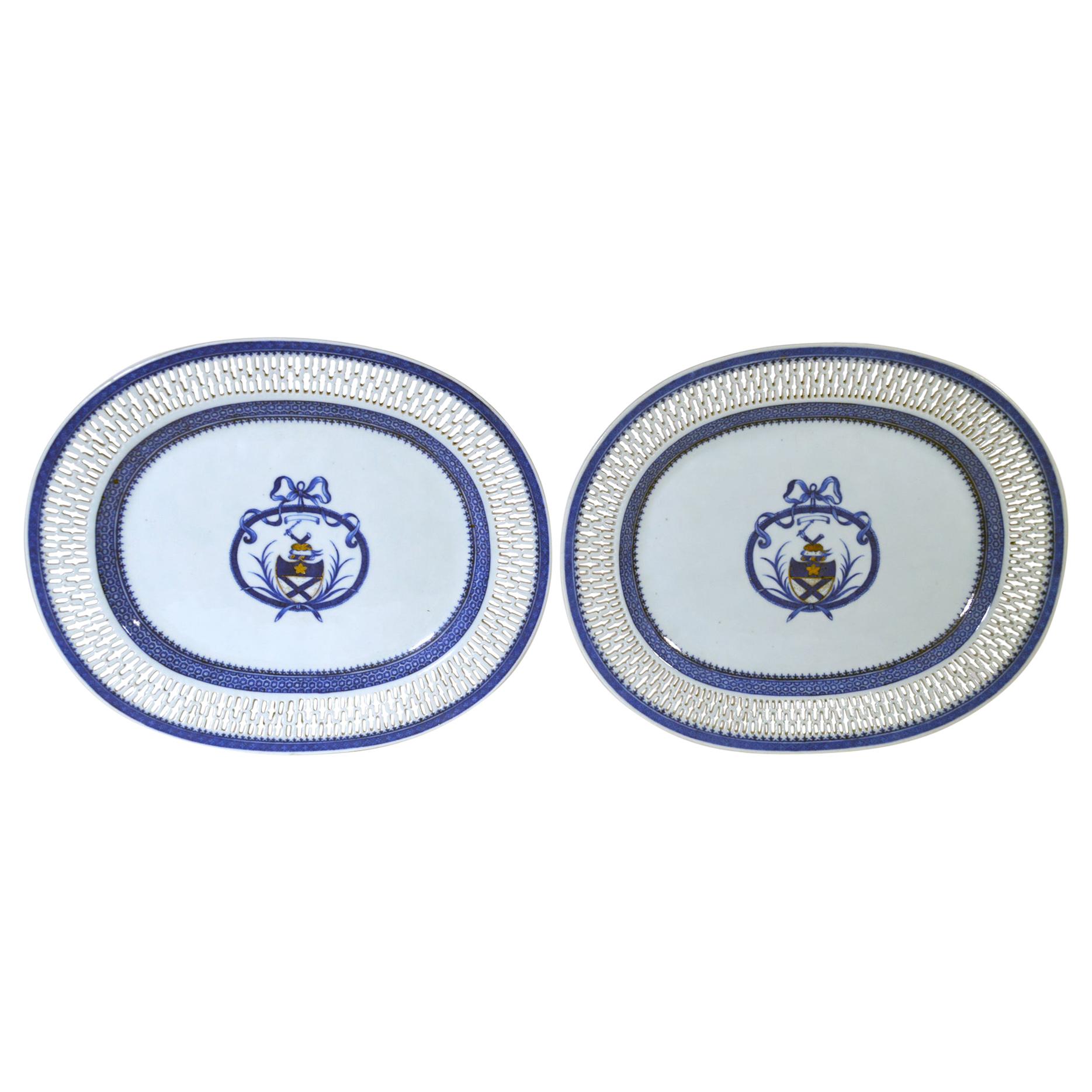 Chinese Export Porcelain Large Armorial Blue & White Openwork Dishes, Bruce Arms