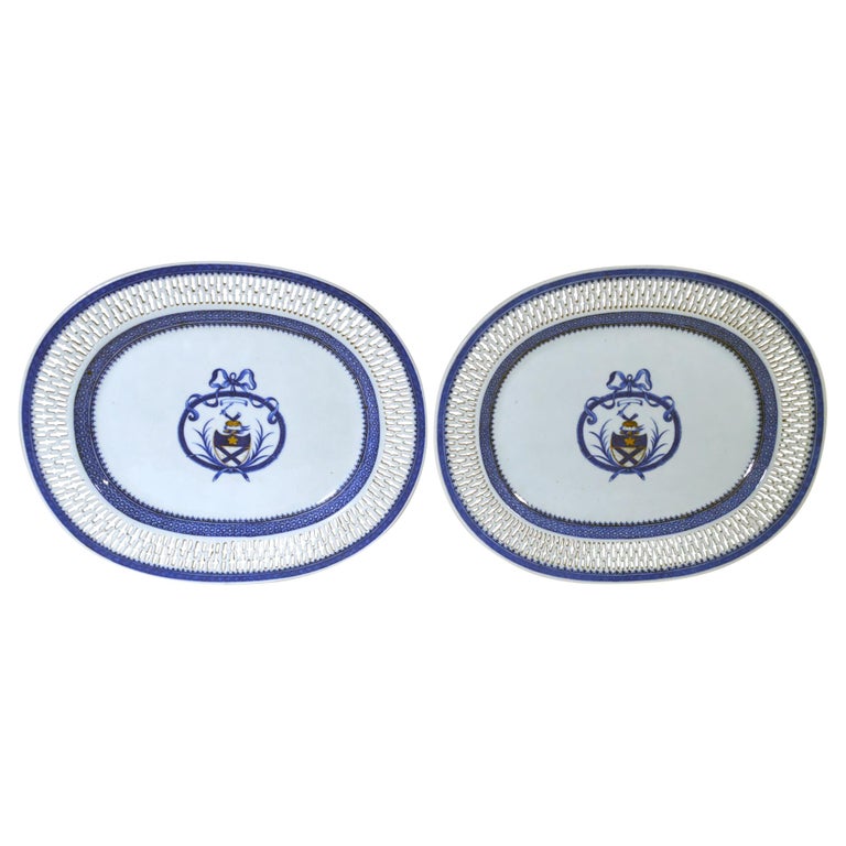 Chinese Export Porcelain Large Armorial Blue & White Openwork Dishes, Bruce Arms For Sale