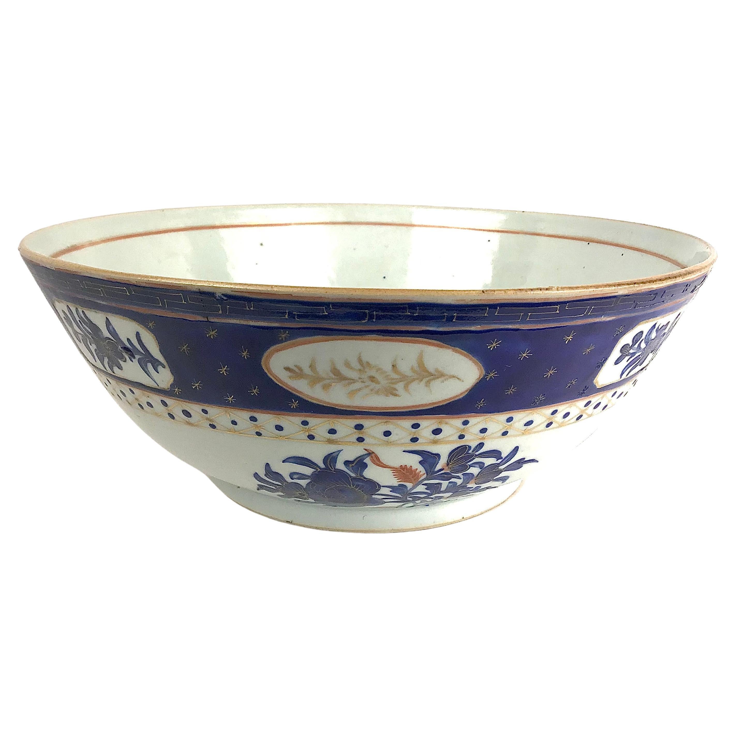 Chinese Export Porcelain Large Bowl Cobalt and Gilt  For Sale