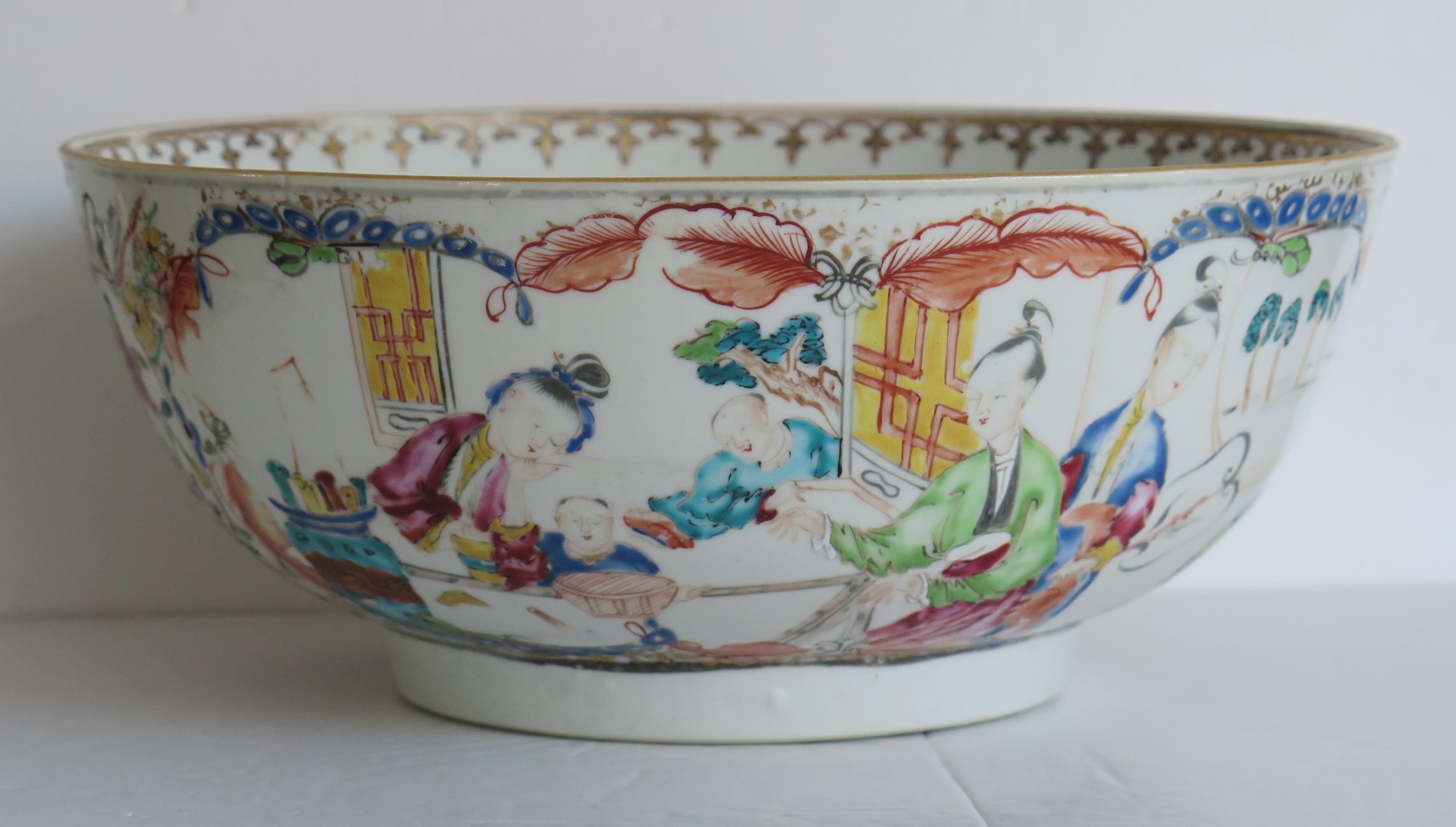 This is a finely hand painted Chinese export Large Bowl from the 18th century, Qing dynasty, Qianlong period, 1736-1795. We date this piece to circa 1770.

It is beautifully hand decorated with different and continuous Chinese figure scenes in
