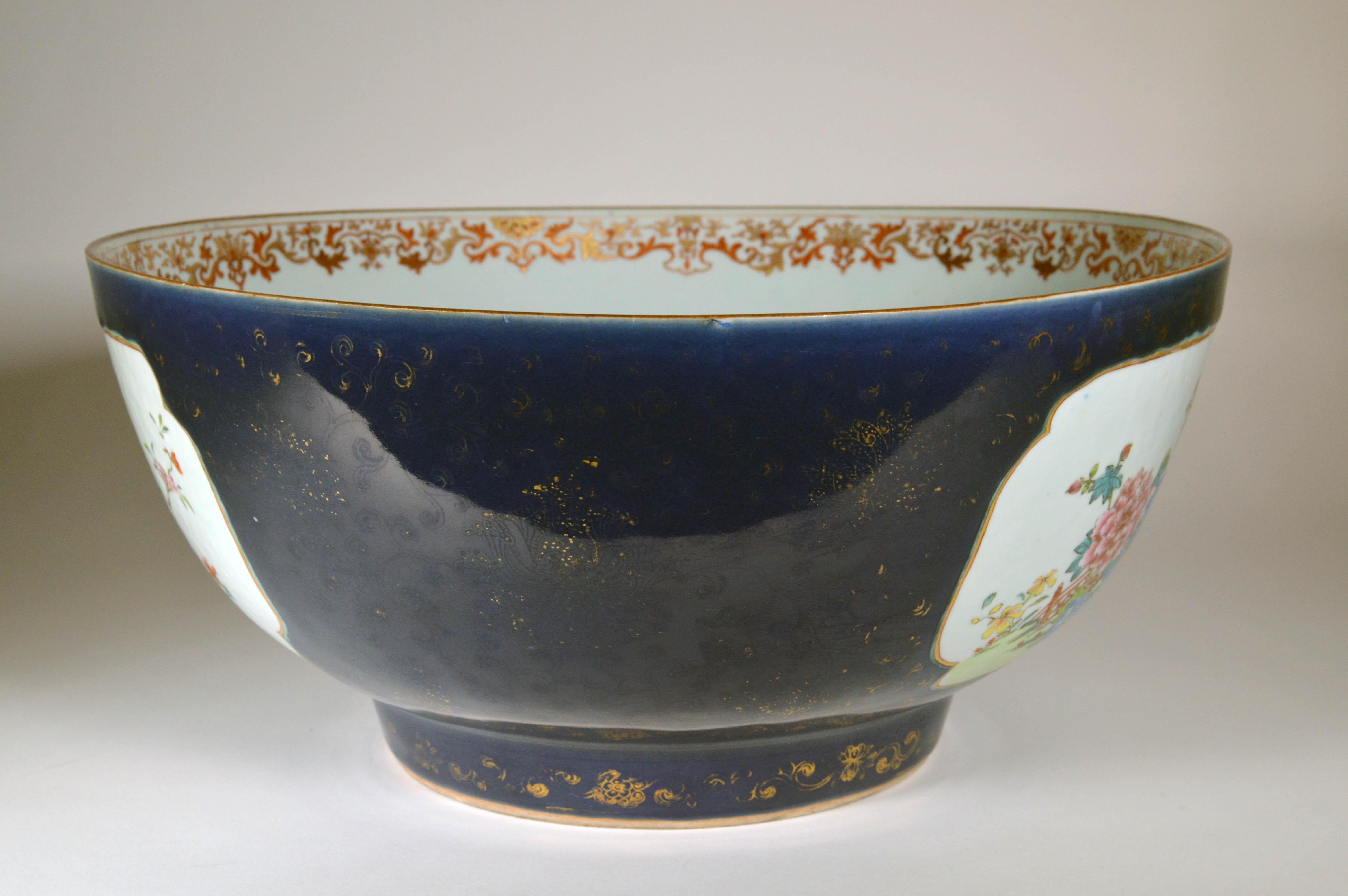 Chinese Export Porcelain Large “Famille Rose” Punch Bowl with Mazarine Ground In Good Condition In Downingtown, PA